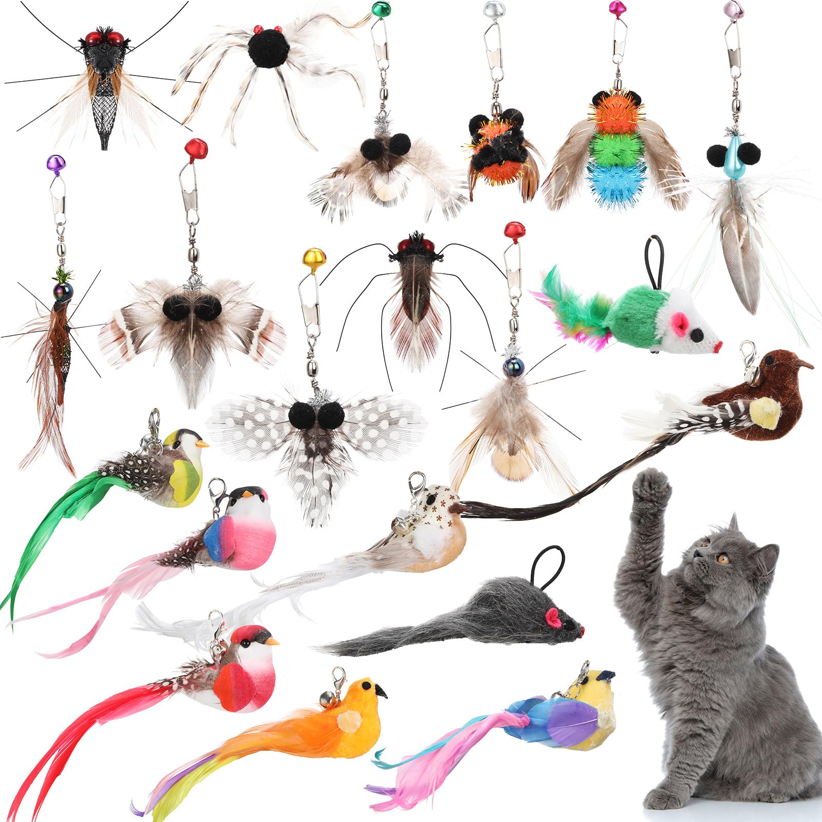 Seenelling 20 Pcs Cat Feather Toys Refill Bird Insects Mouse Simulation Cat Wand Toy Refill Wand Attachments Pet Toy Replacement