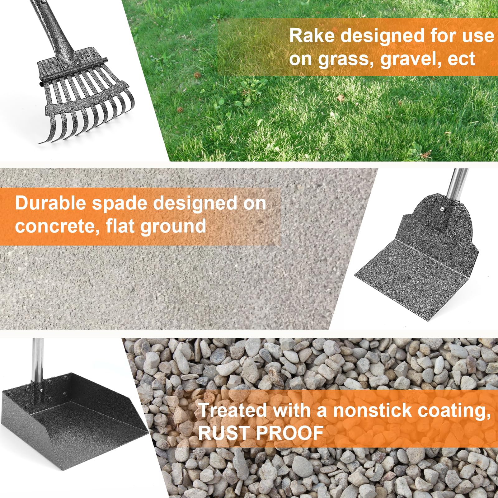 Luffwell Dog Pooper Scooper, Adjustable Handle Poop Scooper With Tray,Rake And Spade Set Of 3, Steel Stainless Poop Scoop For Medium Large Dogs And Pet Waste On Grass, Dirt And Gravel (Large Size)