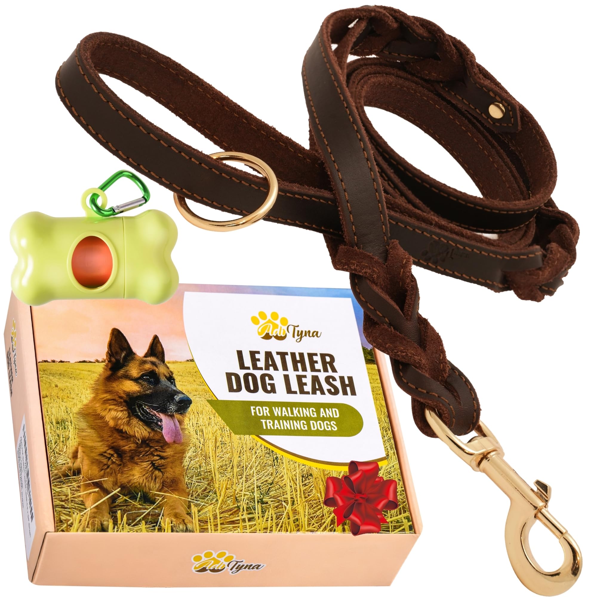 Adityna Double Handle Leather Dog Leash 6Ft - Heavy Duty Braided Leash With Traffic Handle - Lead For Training And Walking Medium & Small Dogs