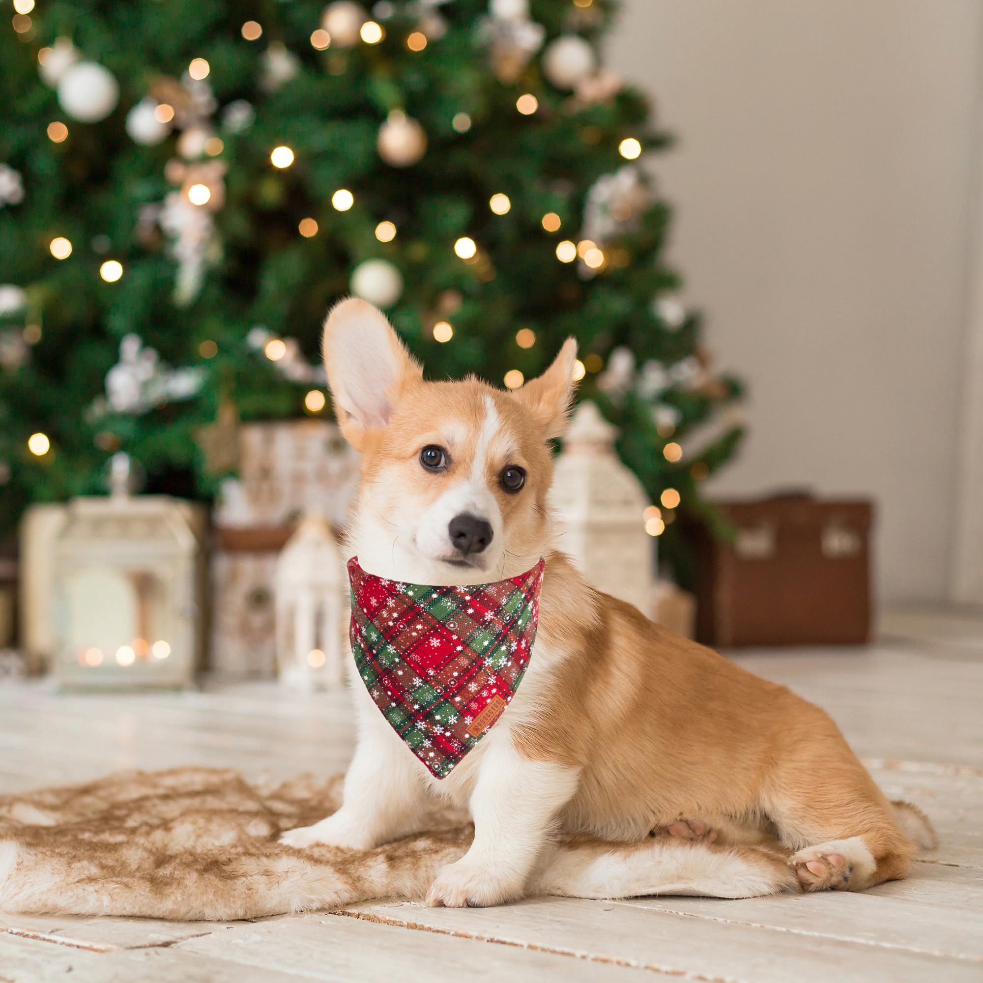Adoggygo 2 Pack Dog Bandanas Christmas, Stylish Plaid Snowflake Dog Scarf, Premium Durable Fabric, Multiple Sizes Offered, Christmas Bandanas For Medium Large Dogs Pets (Large, Red)