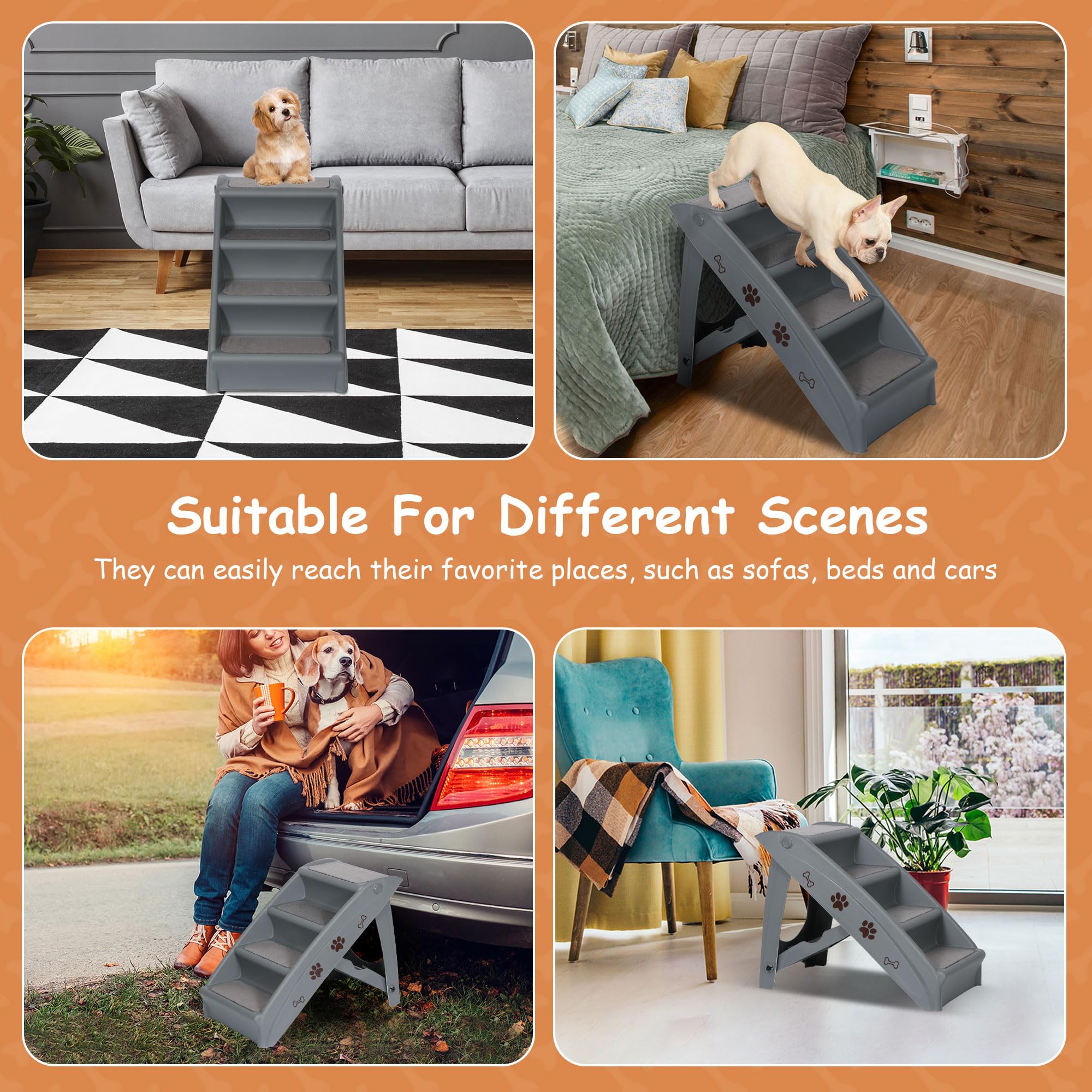 Foldable Pet Dog Stairs For Large Small Dogs Nonslip Dog Steps For High Bed Sofa Couch At Home And Vehicle Dog Ramp For Dogs To Get On Bed (Grey)