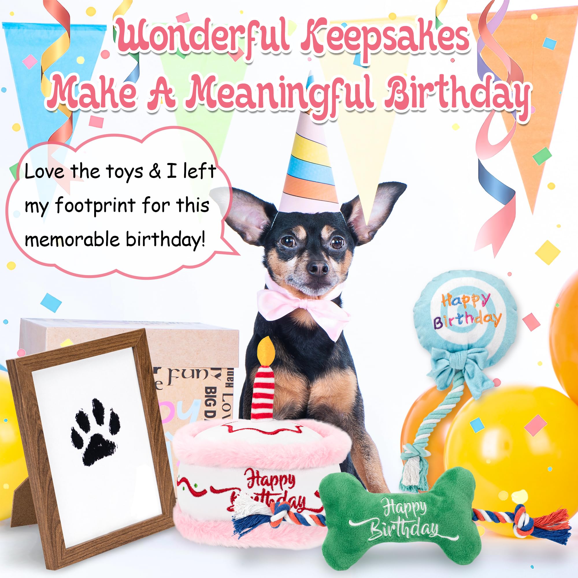 LECHONG Dog Birthday Gifts Set, Squeaky Dog Toys and Memorial Paw Print Kit for Small Medium Dogs Birthday Celebration Include B