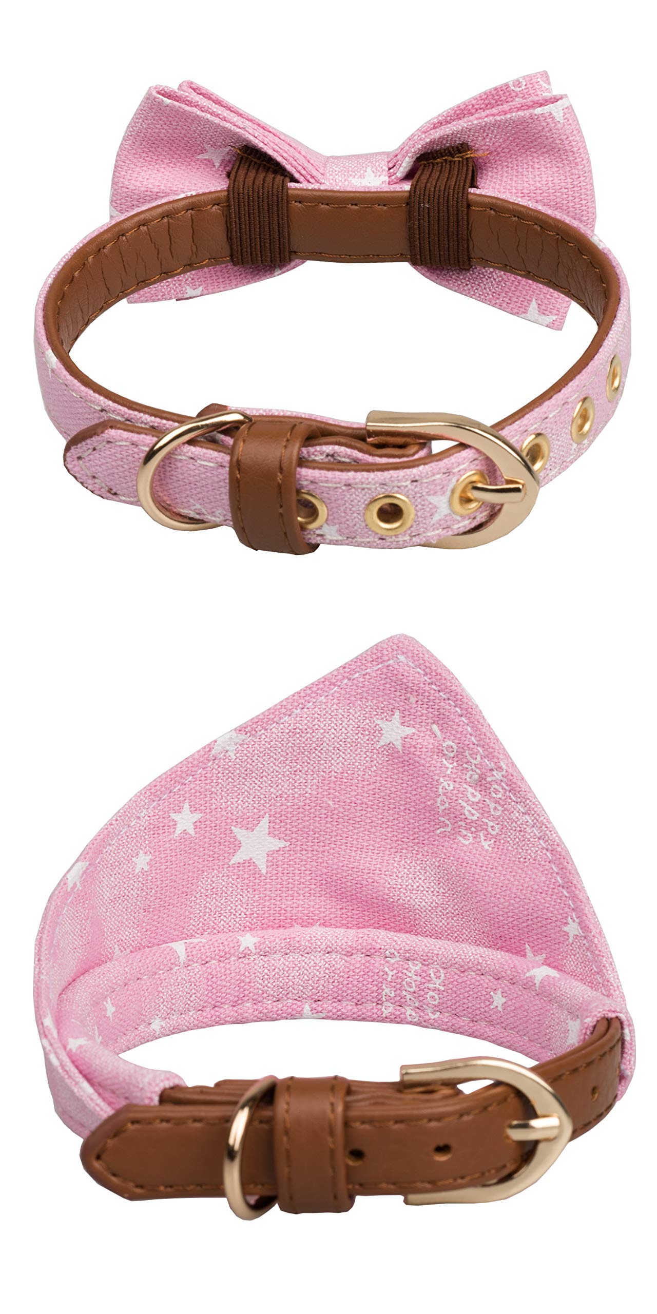 Gyapet Small Dog Collar Puppy Cat Tiny Pet Bow Tie & Bandana 2Pcs Set Pu Leather Canvas Scarf Durable Pink Stars