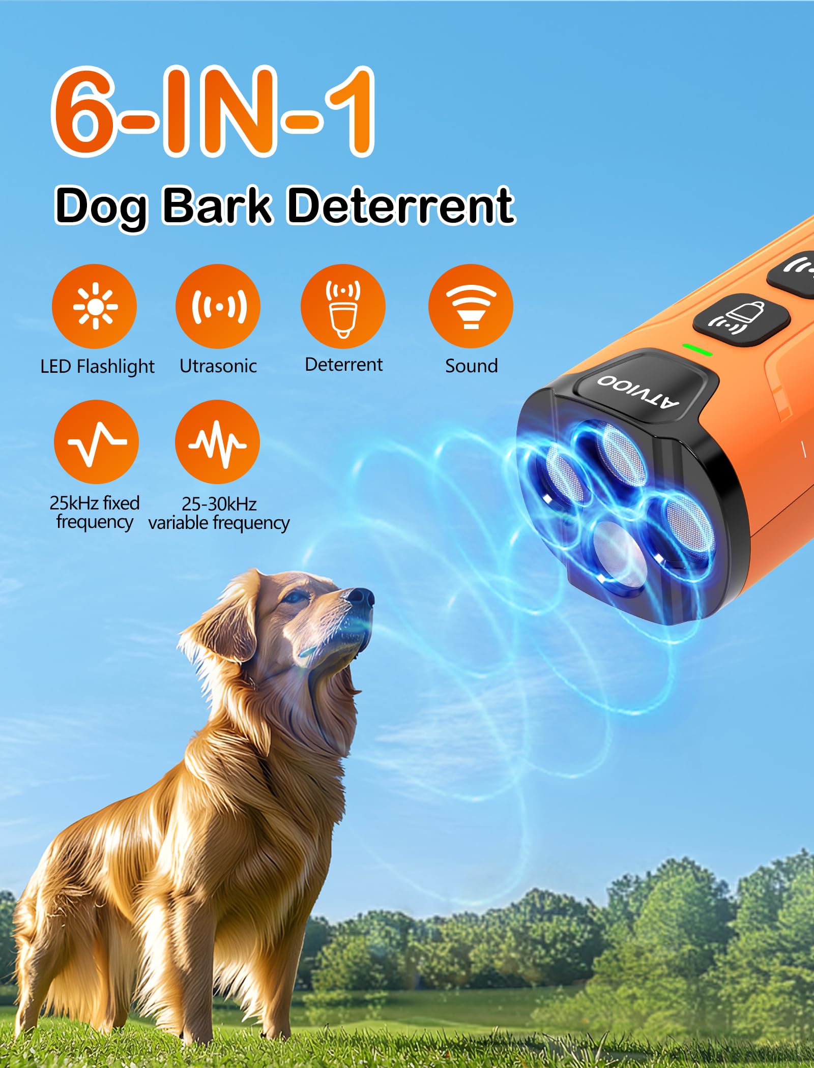 Atvioo Dog Bark Deterrent Device - Ultrasonic Anti-Barking Devices With 3X Sonic Emitters, Up To 50Ft Long Range & Rechargeable