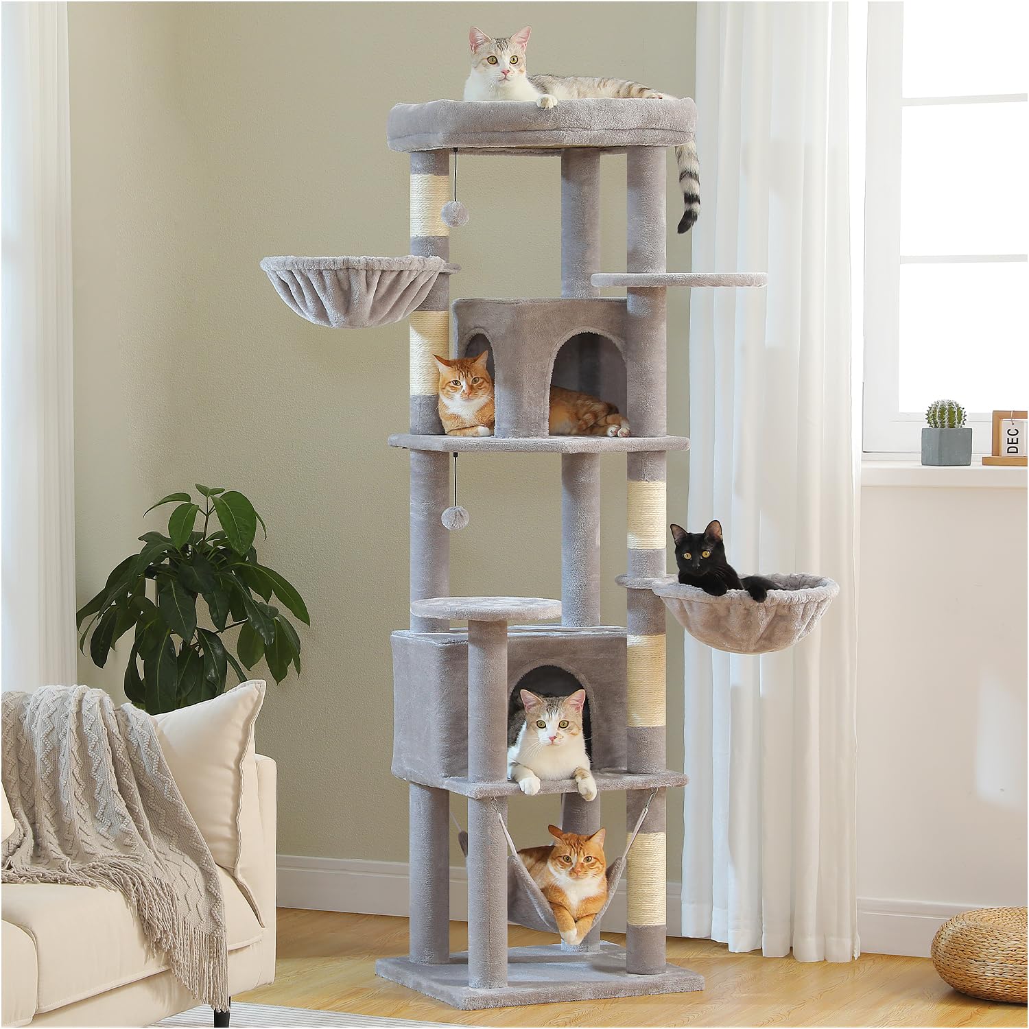 Pawz Road Tall Cat Tower, 70 Inch Cat Tree With Hammock, 5 Scratching Posts, 2 Condos And A Large Top Perches For Large Cats