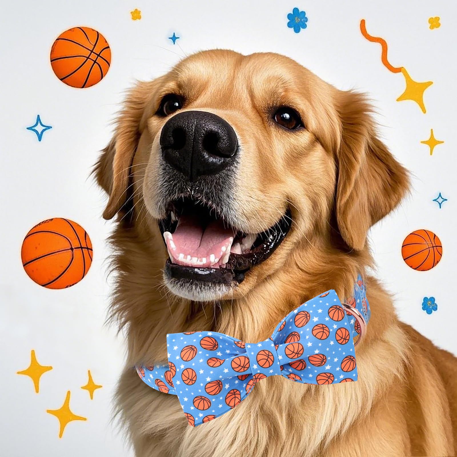 Babole Pet Cute Boy Dog Collar With Bow Tie - Adjustable Blue Basketball Bowtie Collar Spring-Summer Breathable Comfort Dog Coll