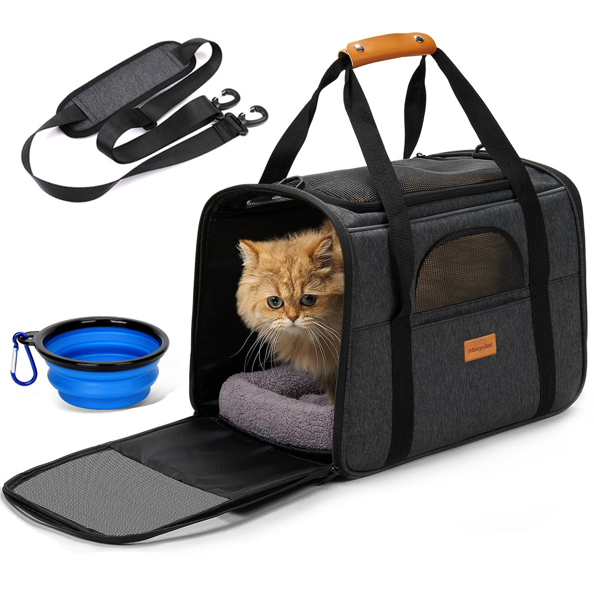 Morpilot Large Cat Carrier - Soft Sided Cat Carrier Large For Big Medium Cats And Puppy Up To 20Lbs, Pet Carrier With Safety Zippers, Foldable Bowl, Pet Travel Carrier Bag - Dark Gray Large