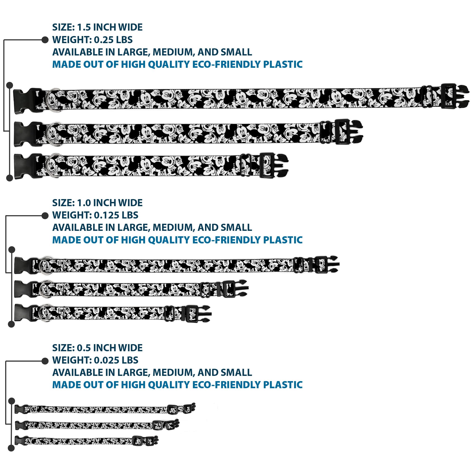 Buckle-Down Plastic Clip Collar - Mickey Mouse Expressions Stacked White/Black - 1'' Wide - Fits 15-26'' Neck - Large