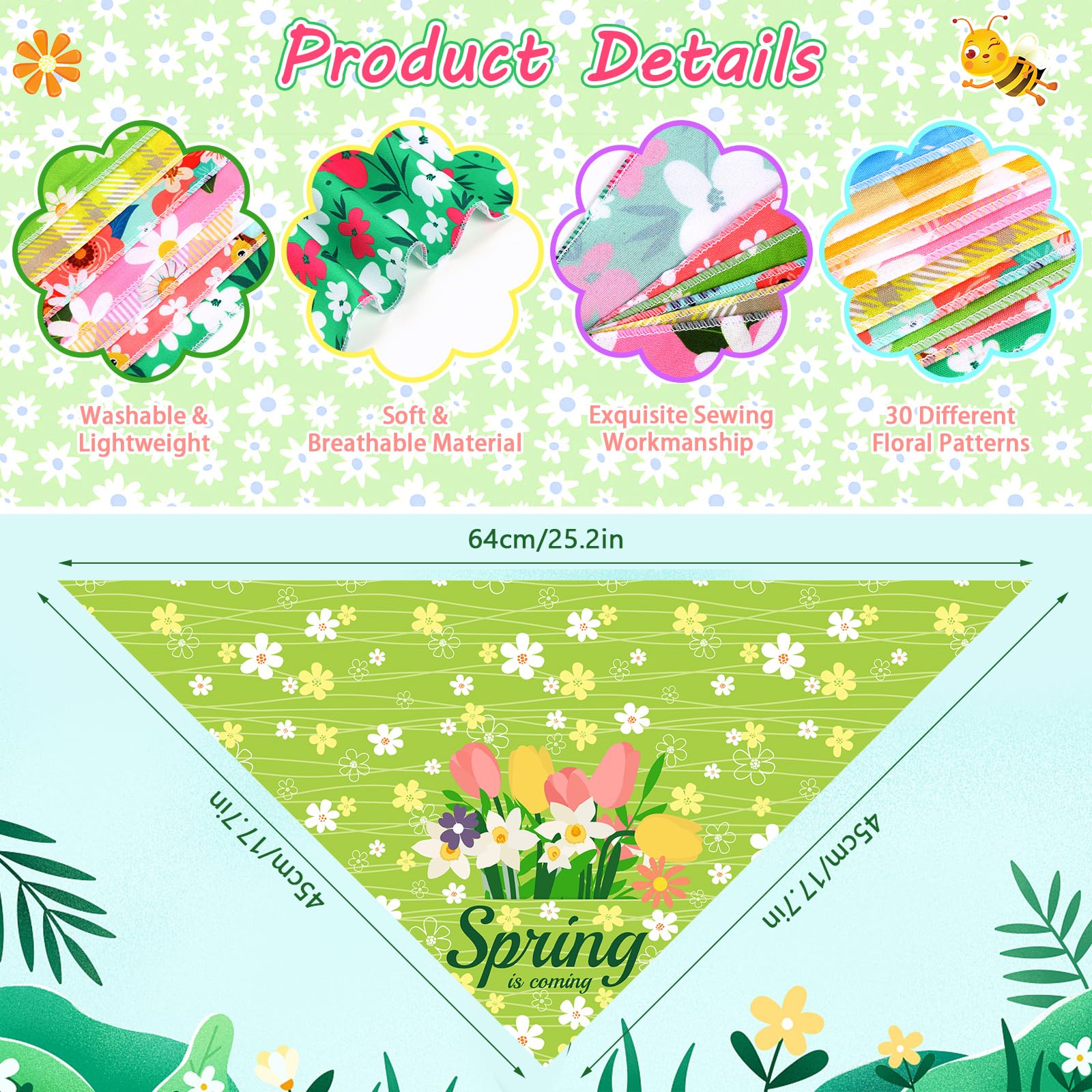 30 Pcs Spring Summer Dog Bandanas Bulk Floral Pet Scarves Bibs Adjustable Puppy Bandanas Girl Washable Flower Puppy Grooming Ban