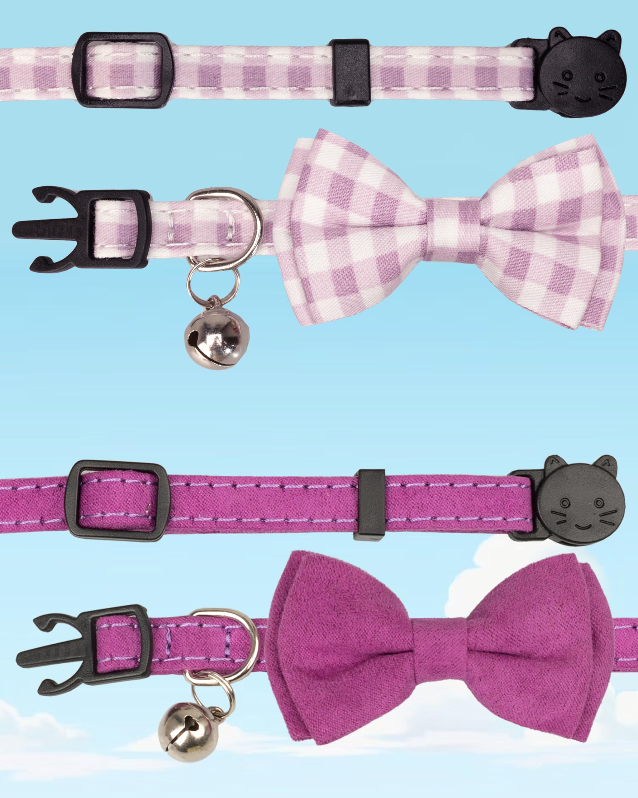 Gyapet Cat Collar Breakaway With Bell Boy Girl Kitten Bow Tie Safety Plaid Solid Color Set Cute Soft Summer [2Pcs] Purple