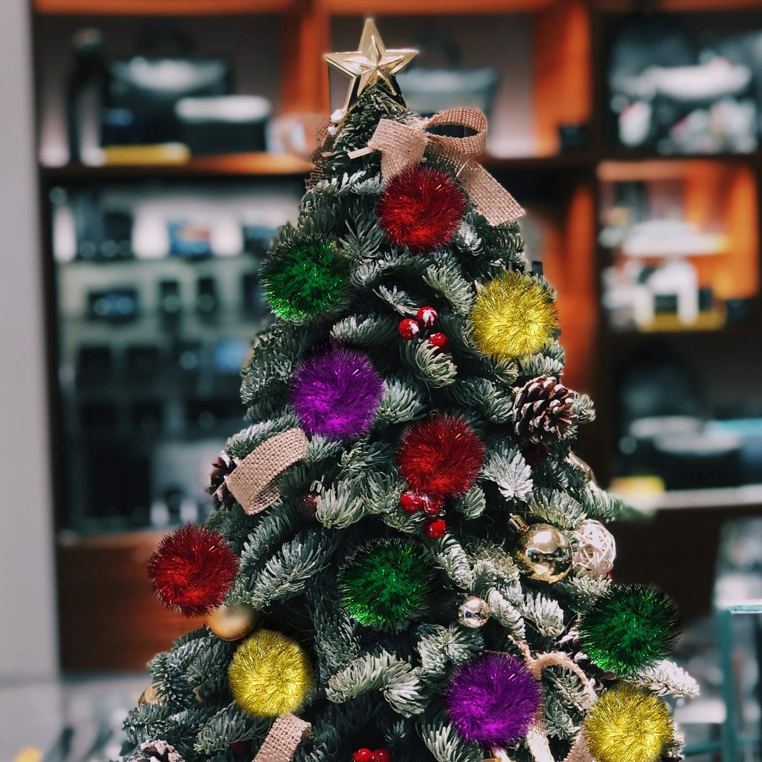 Auear, 12 Pack 2 Inch Sparkle Ball Shiny Tinsel Pom Poms Interactive Balls Cat For Kittens (4 Colors)