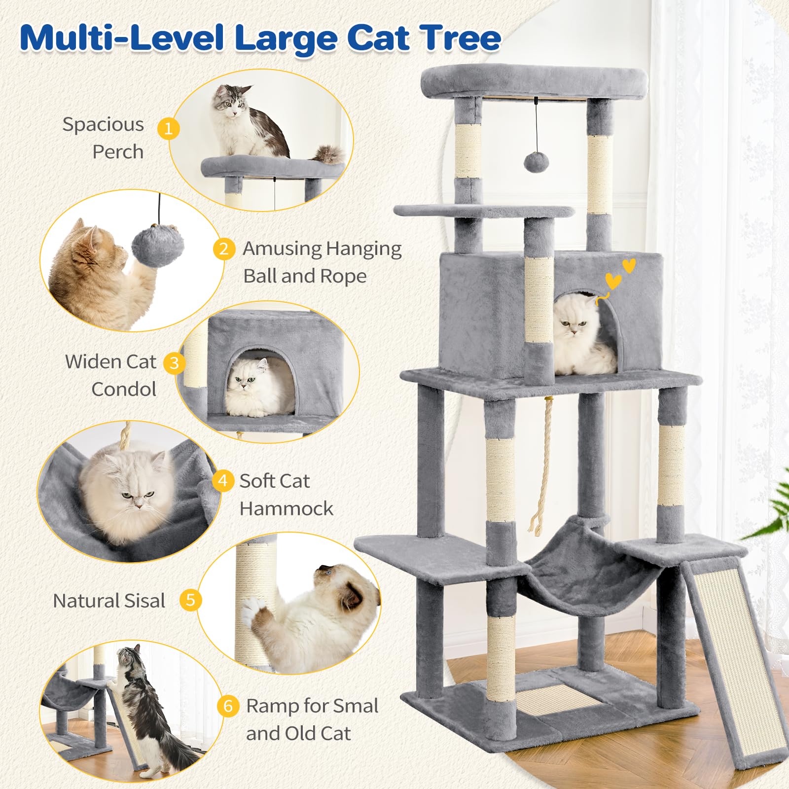 Abcpet Cat Tree Tower 63In Multi-Level Cat Tower For Indoor Cats With Sisal Scratching Posts, Condo, Hammock, Dangling Ball And