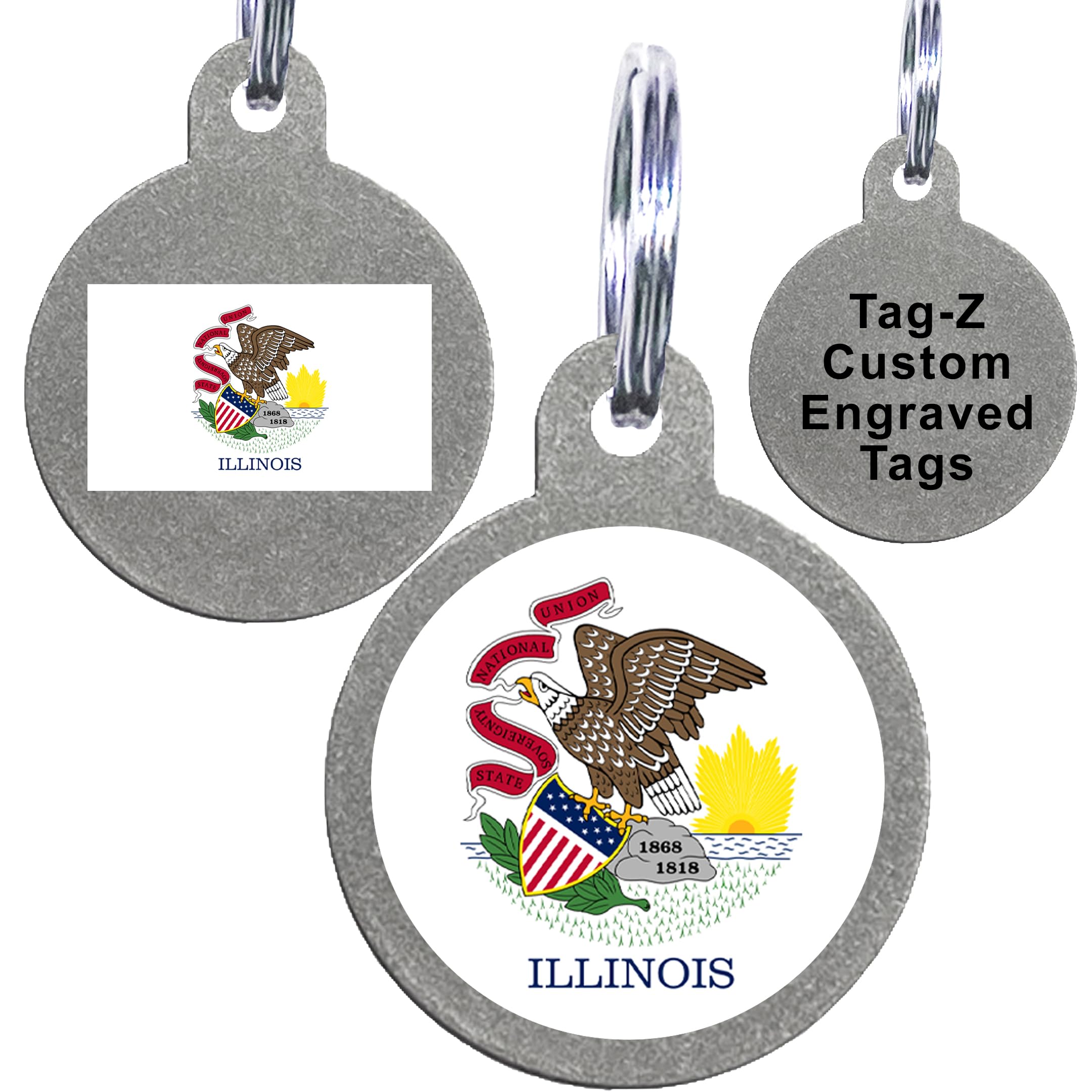 Illinois Flag Pet Id Tags, Custom Printed And Laser Engraved Circle