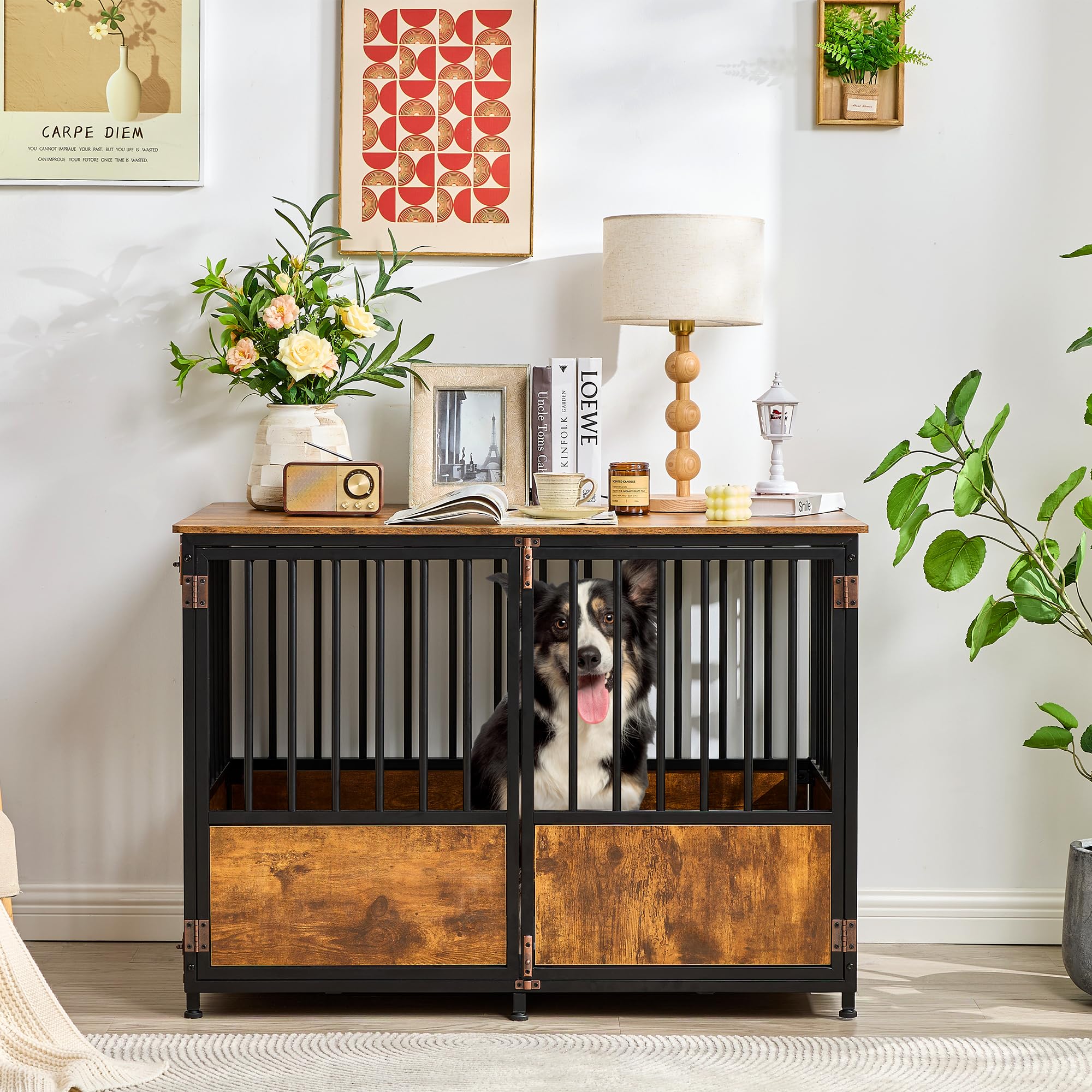 Koopro 43.7'' Inch Dog Crate Furniture With Cushion For Large Dogs, Wooden Heavy Duty Dog Kennel With Double Doors Indoor, Decor