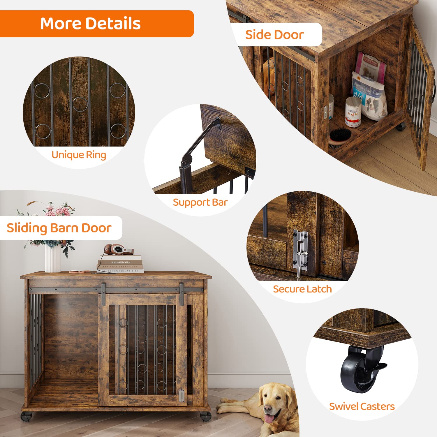 IchbinGo Dog Crate Furniture with Sliding Barn Door, 39  Wooden Dog Kennel End Table with Wheels and Flip-top Plate Dog House wi