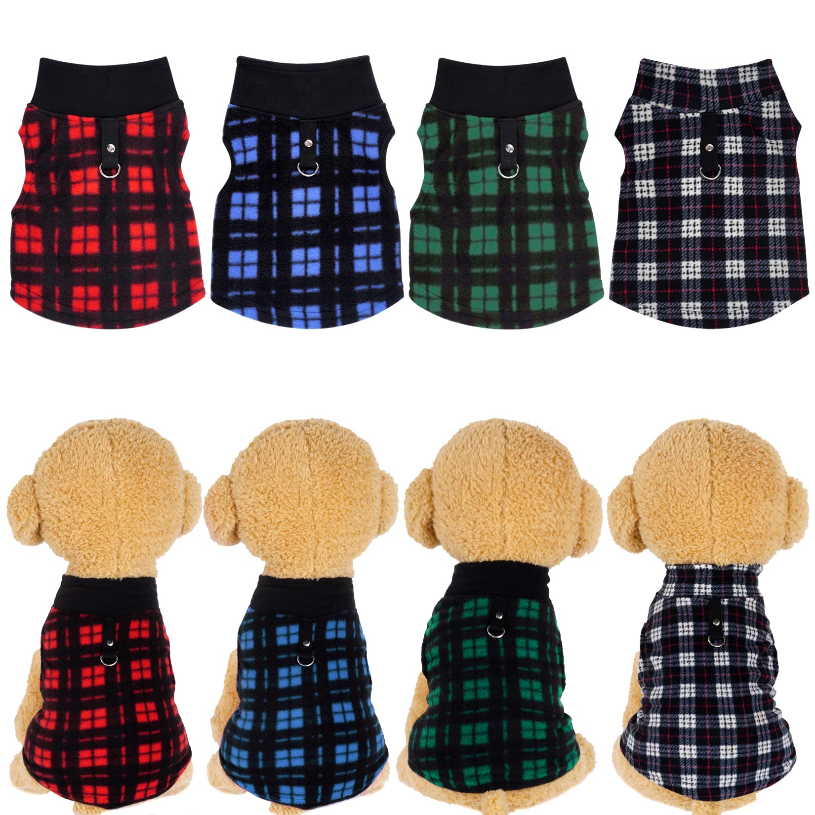 Rbenxia 4 Pieces Buffalo Plaid Dog Sweaters with Leash Ring Soft Fleece Vest Dog Pullover Warm Jacket Pet Dog Clothes Winter Dog