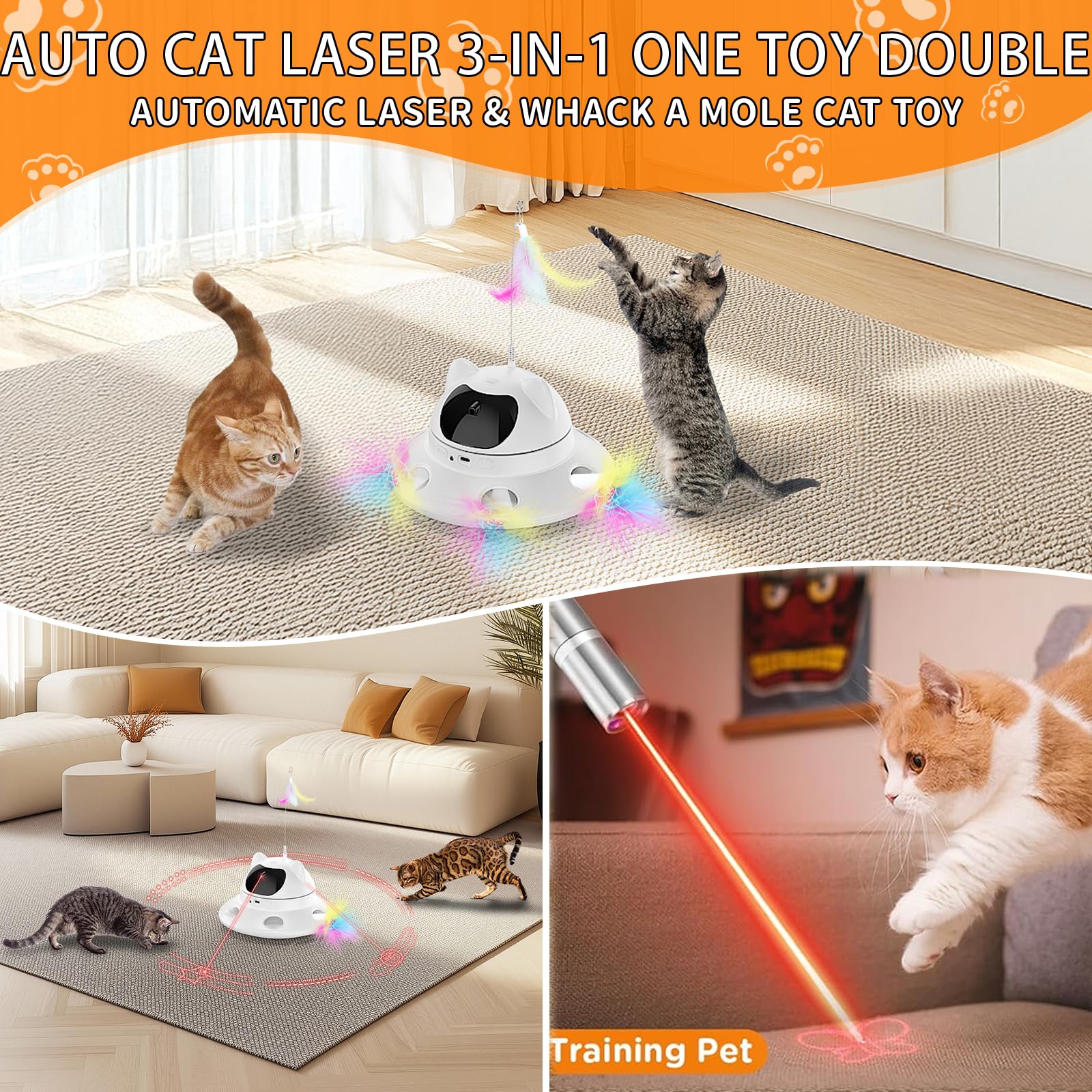 QUEOPFU Cat Laser Toy,3-in-1Interactive Automatic 6 HolesElectronic Whack a Mole, Fluttering Butterfly,USB Rechargeable Interact
