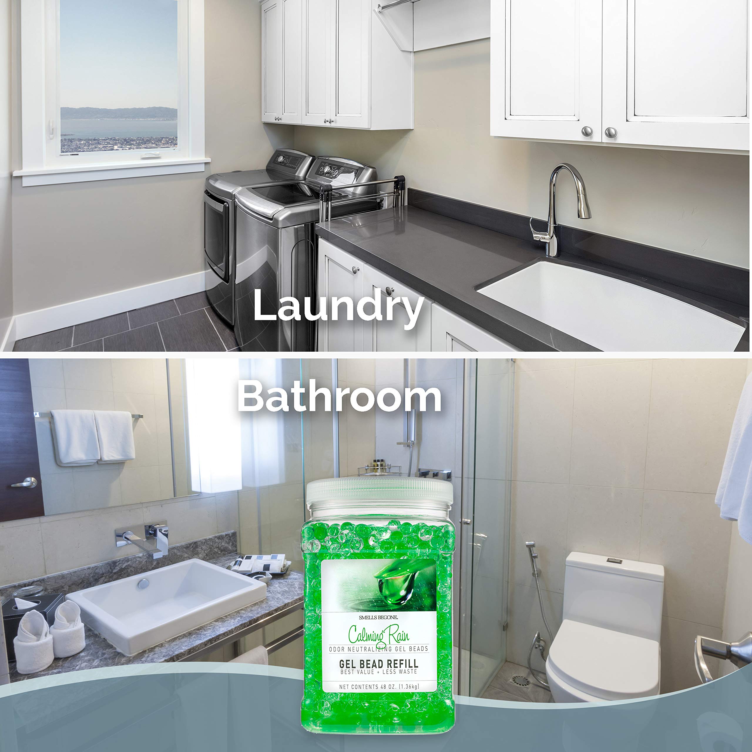 Smells Begone 48 Oz Odor Eliminator Gel Bead Refill - Odor Eliminator For Bathrooms, Cars, Boats, Rvs & Pet Areas - Made With Essential Oils - Calming Rain Scent