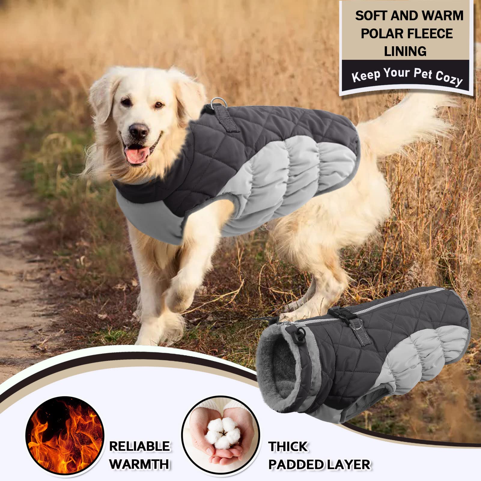 Aofitee Winter Dog Coat Warm Fleece Dog Jacket For Cold Weather, Reflective Zip Up Puppy Dog Padded Vest With Leash Rings, Outdoor Pet Sweater Snowsuit Apparel For Small Medium Large Dogs, Grey Xs