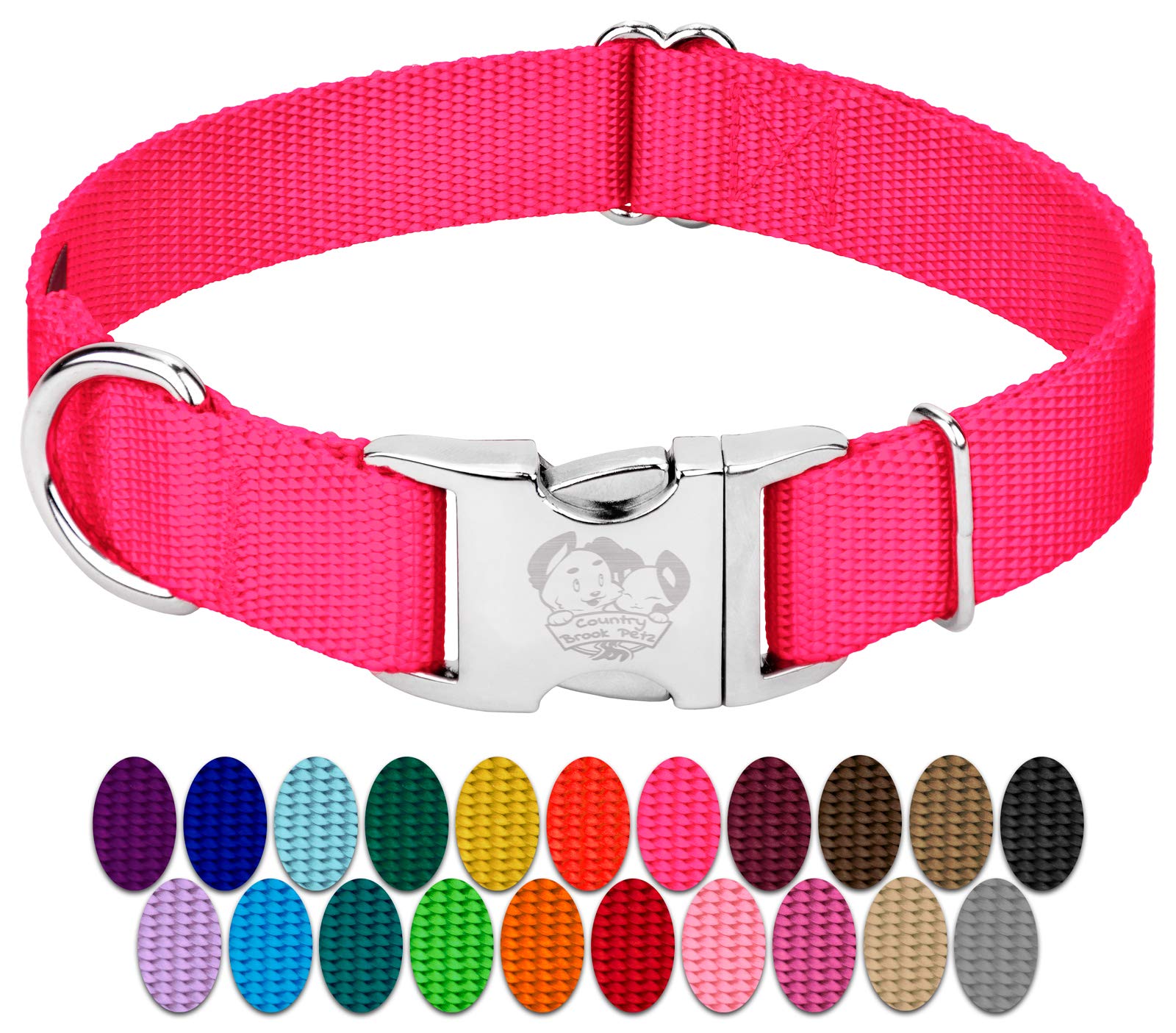 Country Brook Design - Vibrant 30+ Color Selection - Premium Nylon Dog Collar With Metal Buckle (Medium, 3/4 Inch, Hot Pink)