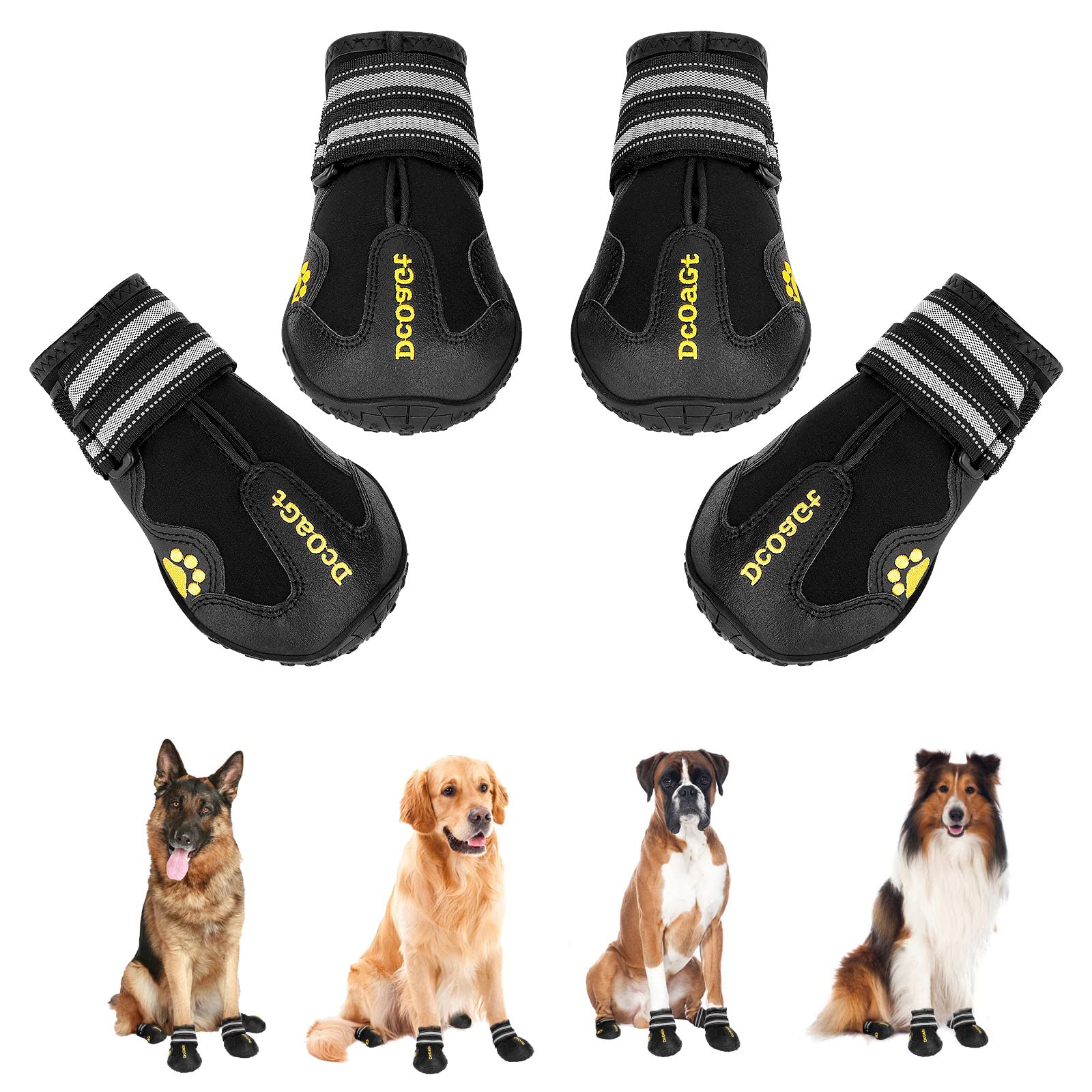 DcOaGt Dog Boots for Large Dogs, Waterproof Anti-Slip, Size 6, Black, Breathable Reflective Booties for Winter & Summer Outdoor Use