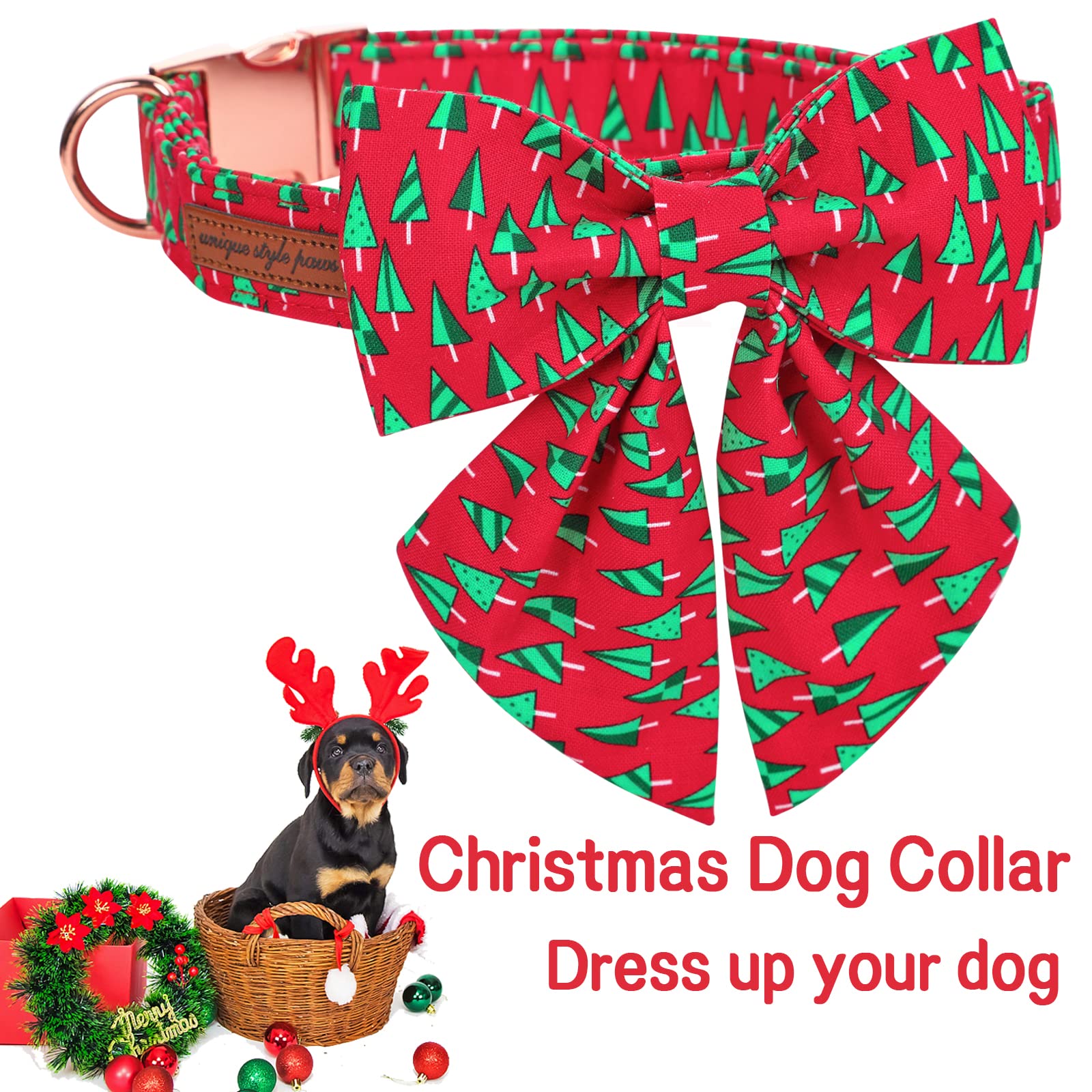 Unique Style Paws Christmas Dog Collar With Tie Best Winter For Small Medium Large Dogs-Christmas Tree-L