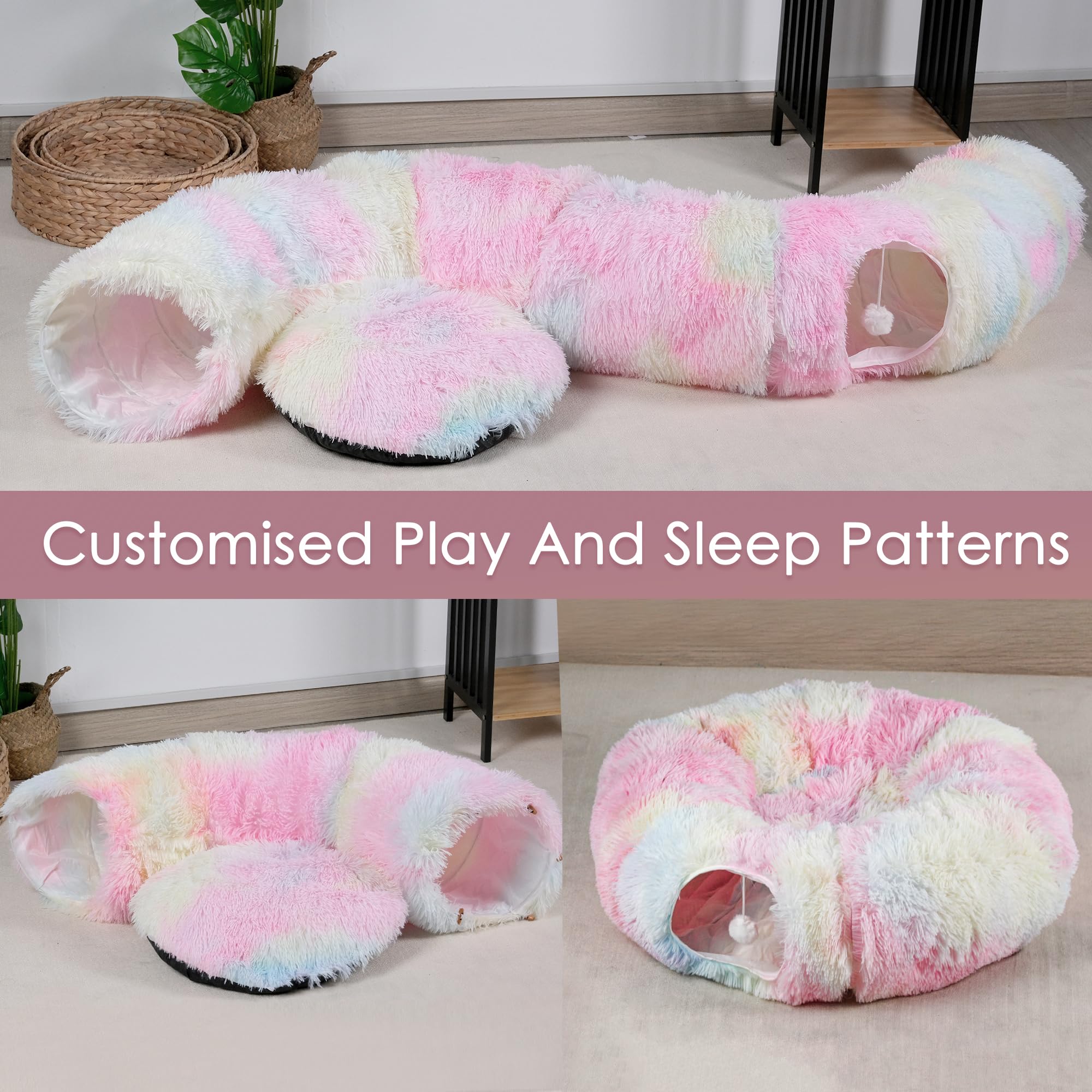 Cat Tunnel Bed For Indoor Cats, Catasaurus Peekaboo Cat Cave With Washable Soft Play Mat, Furry Cat Tube, For Kitten/Puppy/Rabbi