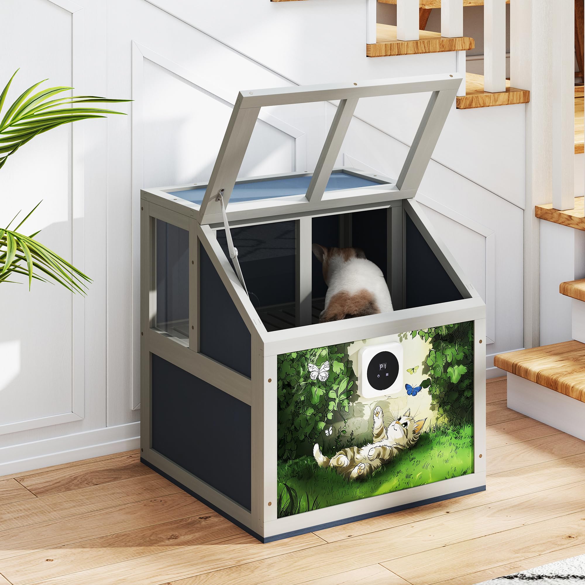 Nyeekoy 2-Tier Wooden Cat Litter Box Enclosure, Cat Toilet with Air Purifier, Openable Top, Litter Bags, Scoop, Low-Tracking, Od