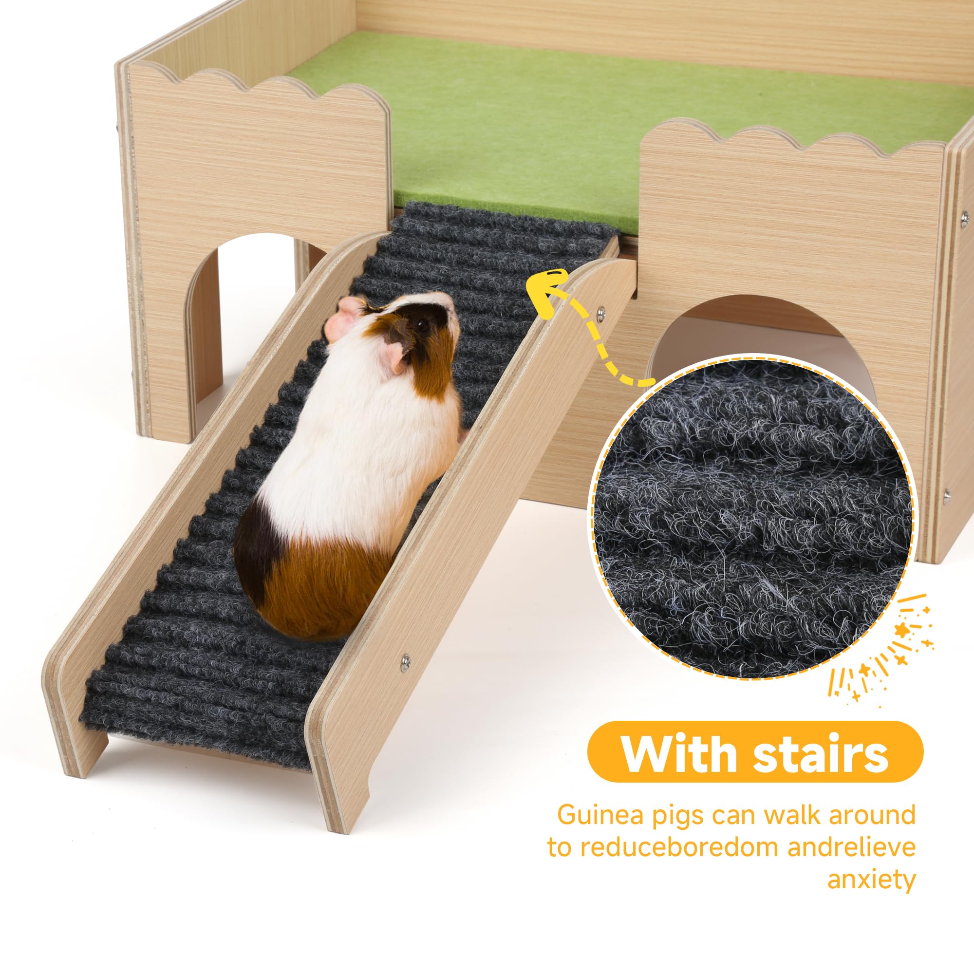 Wooden Guinea Pig Hideout Castle With Stairs,Small Animal Bed Hut Habitats Spacious 2-Level Detachable Small Pet House For Rabbi