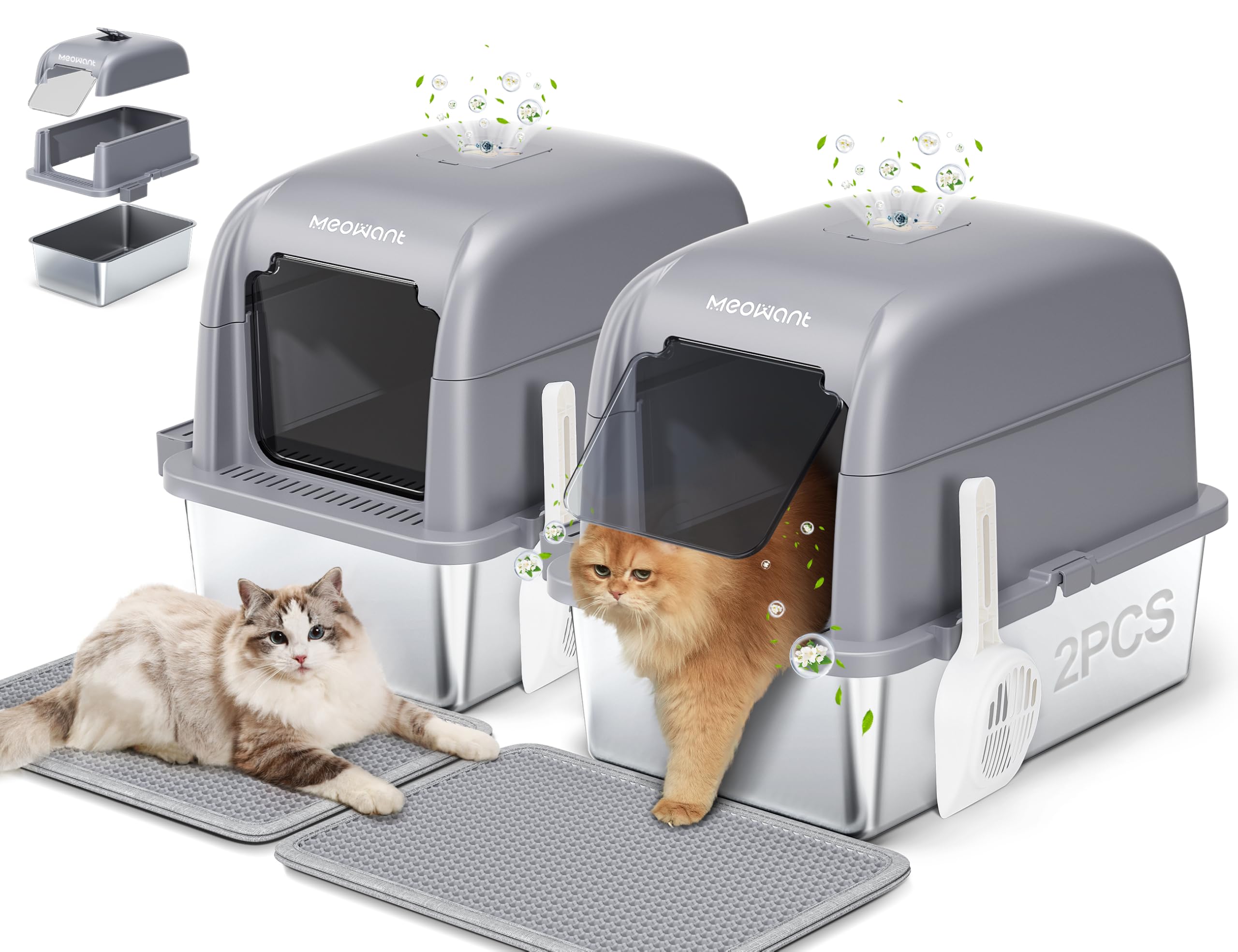 Meowant Stainless Steel Cat Litter Box 2Pcs, Extra Large 3-In-1 Enclosed/Open Top Metal Litter Box With Lid, Odorless Cat Litter
