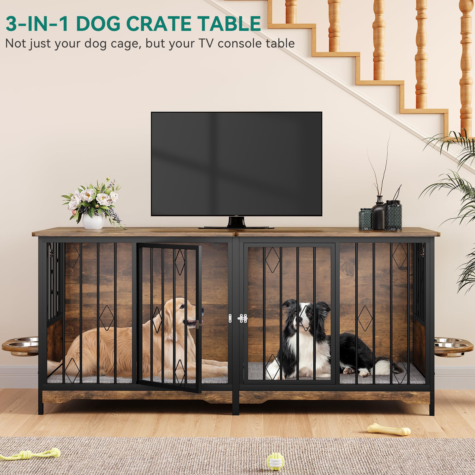 YITAHOME Large Wooden Dog Crate Furniture, 71" with Divider, Flip-Top, 4 Bowls, 2 Cushions, Brown, for Medium to Large Dogs