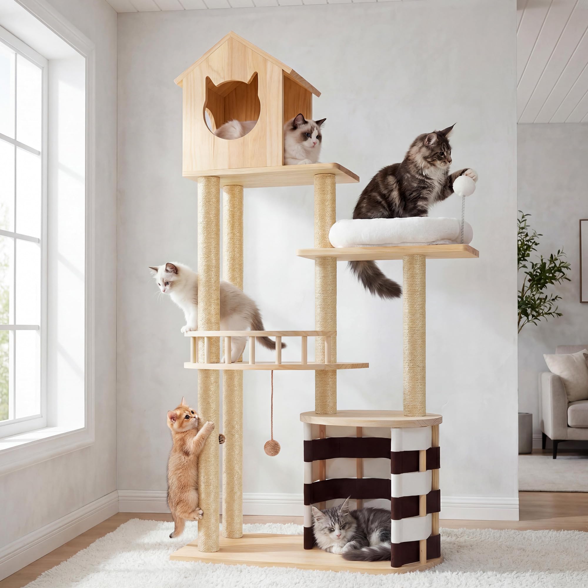 YITAHOME 63 Stable Pine Wood Cat Tree, Multi-Level Cat Tower with Cat House, Observation Perches, Sisal Scratching Posts & 2 Int