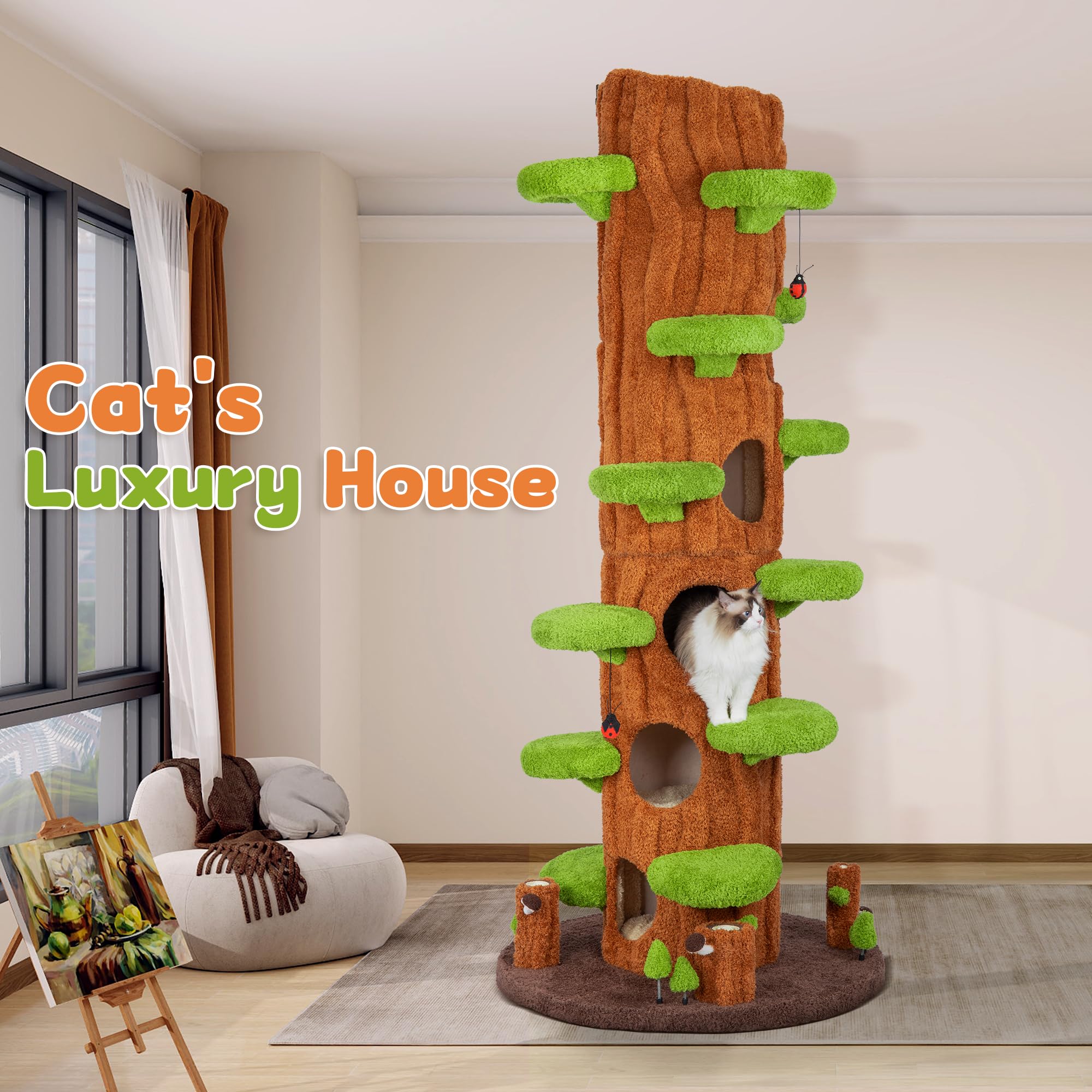 Kamaboko 90.5 Inch Luxury Cat Tree With Scratching Post, Tall Cat Tree Tower With Sisal Scratching Pad, Multiple Jumping Platfor