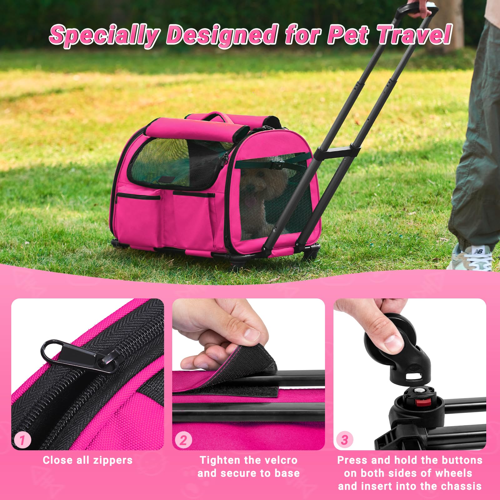 Paw Ballet Large Pet Carrier with Wheels, Foldable Rolling Dog Carrier with Big Pocket, Cat Rolling Bag 21x13x13for 2 Cats &Dogs