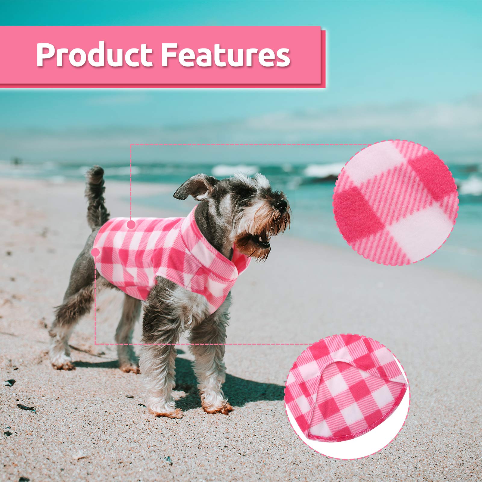 Asenku Plaid Dog Fleece Vest, Soft Comfortable Pet Pajamas, Warm Winter Dog Shirt, Cold Weather Coat Jacket - Pink, Xs
