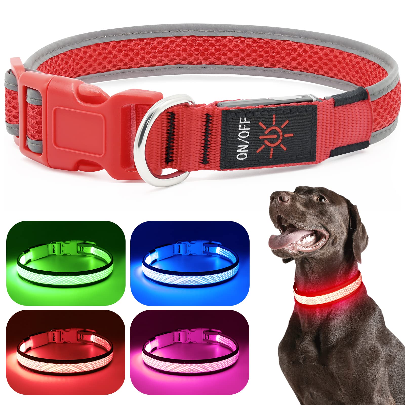 Flashseen Led Dog Collar, Usb Rechargeable Light Up Dog Collar Lights, Adjustable Comfortable Soft Mesh Safety Dog Collar For Small, Medium, Large Dogs(Large, Ruby Red)