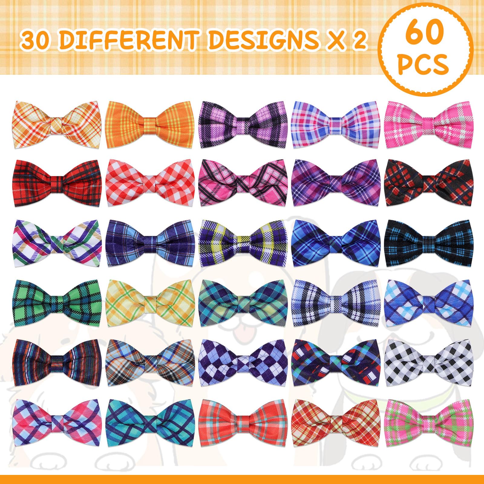 Cosblank 60 Pcs Plaid Dog Collar Bow Ties Bulk Dog Grooming Supplies Bowtie Accessories Puppy Bows Detachable Collar Charms For