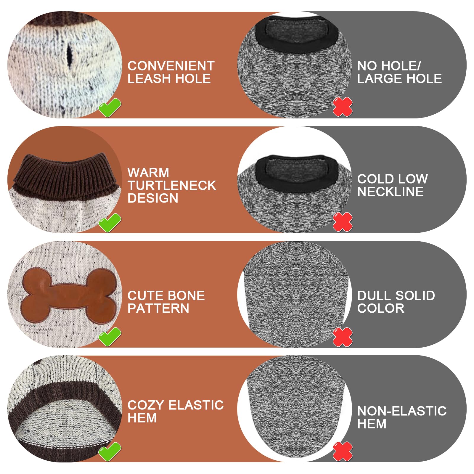 Bingpet Turtle Neck Dog Sweater - Brown Bone Pattern - Puppy Winter Warm Cloth For Small Medium Large Dogs