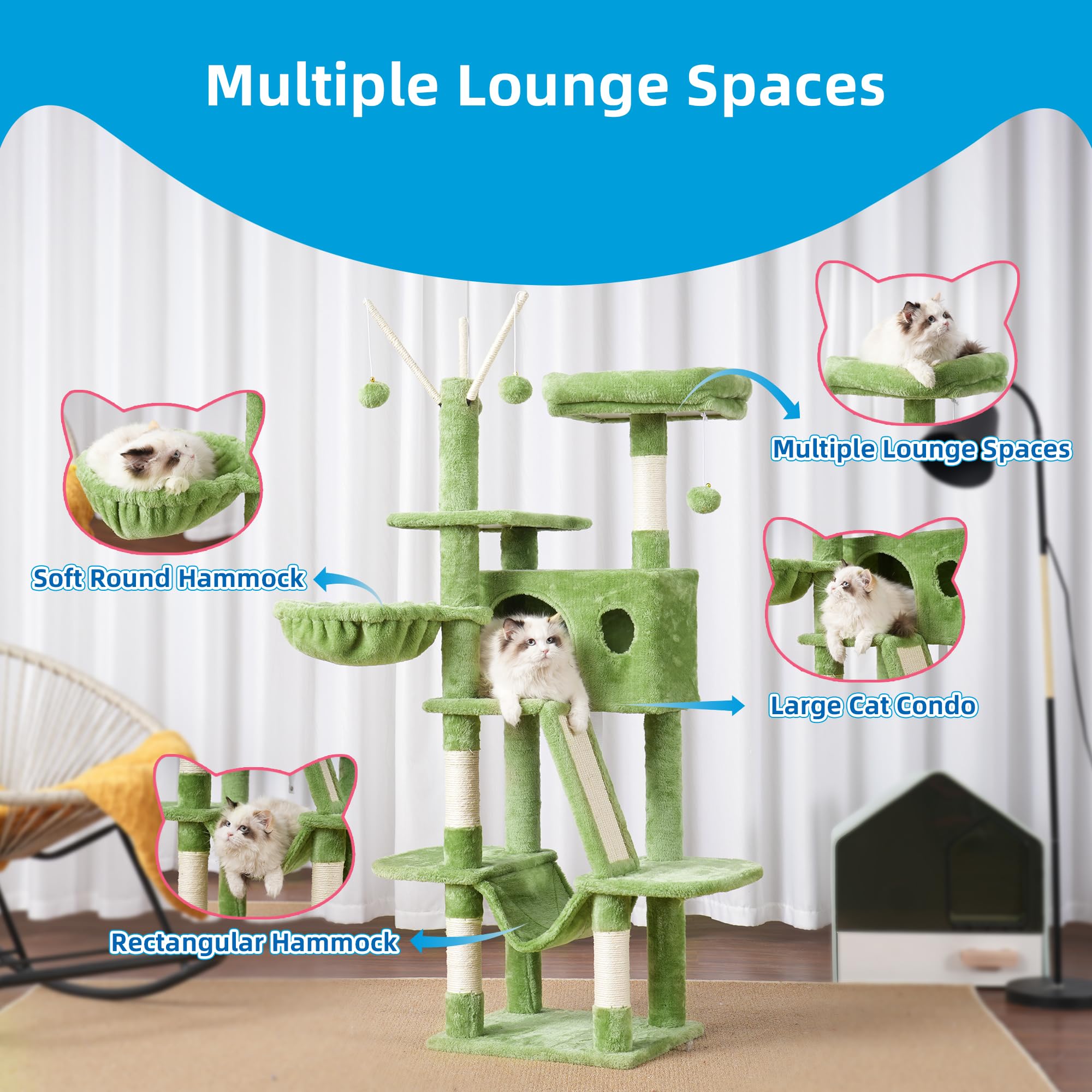 Hey-Brother Cat Tree, 53 Inch Cat Tower For Indoor Cats, Cat House With Padded Platform Bed, Toy Balls, Large Cozy Condo, Hammoc
