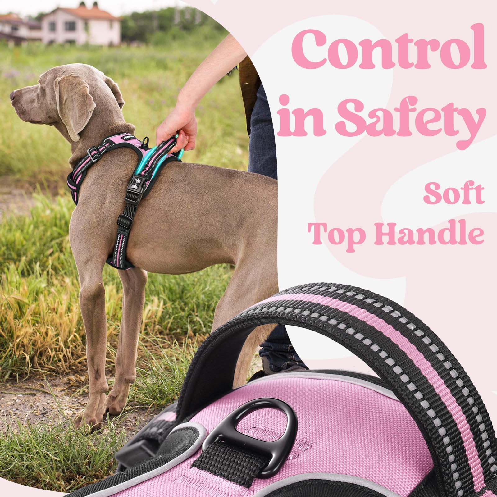 Rabbitgoo Dog Harness Medium Sized, No Pull Pet Harness With 3 Buckles, Adjustable Soft Padded Pooch Vest With Instant Control Handle, Easy Walking Reflective Pet Vest For Medium Dogs, Pink, M