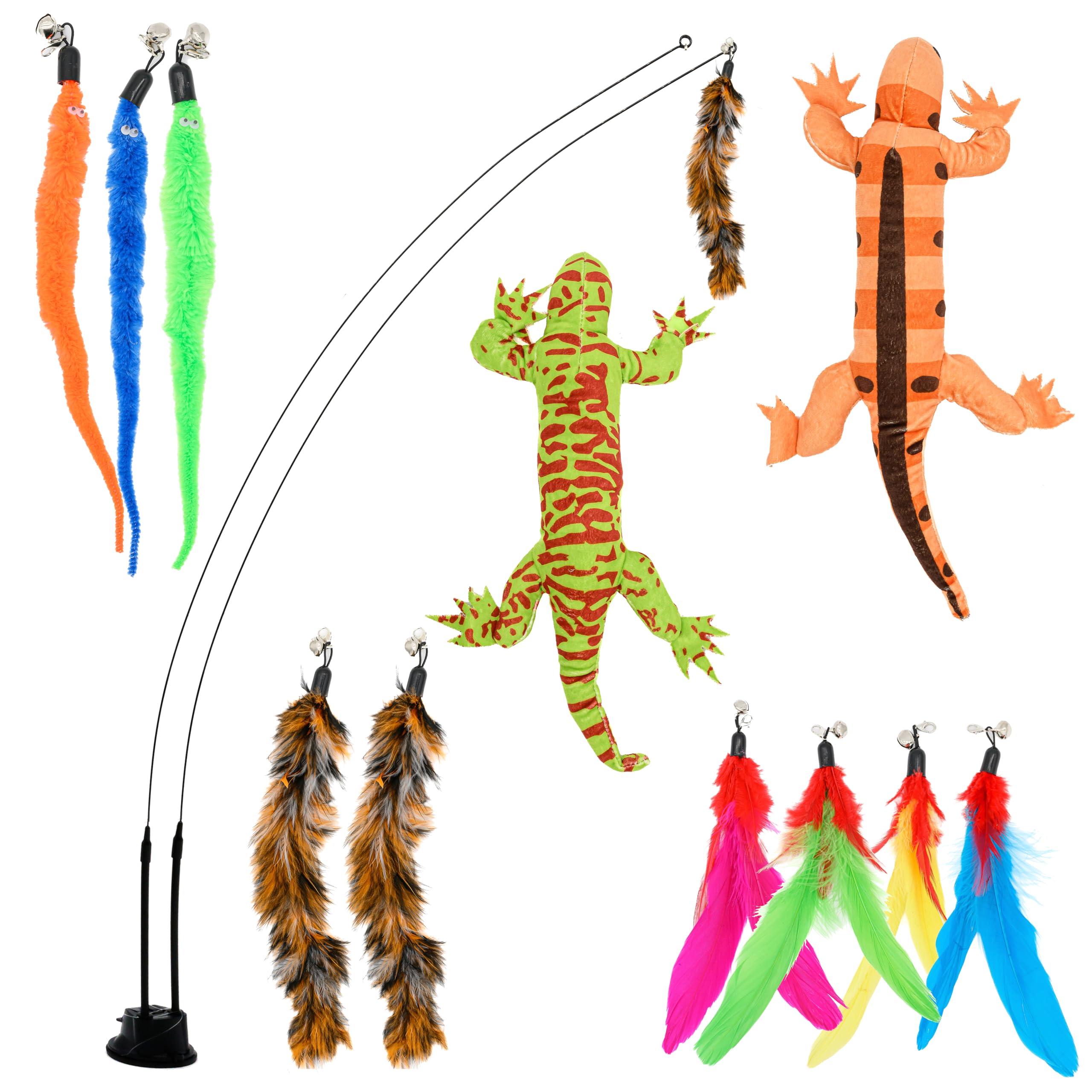 Suction Cup Cat Toys For Indoor Cats Feather Teaser Wand With Worms & Catnip Lizard Chew Toys Kittens Enrichment Toy For Bored C