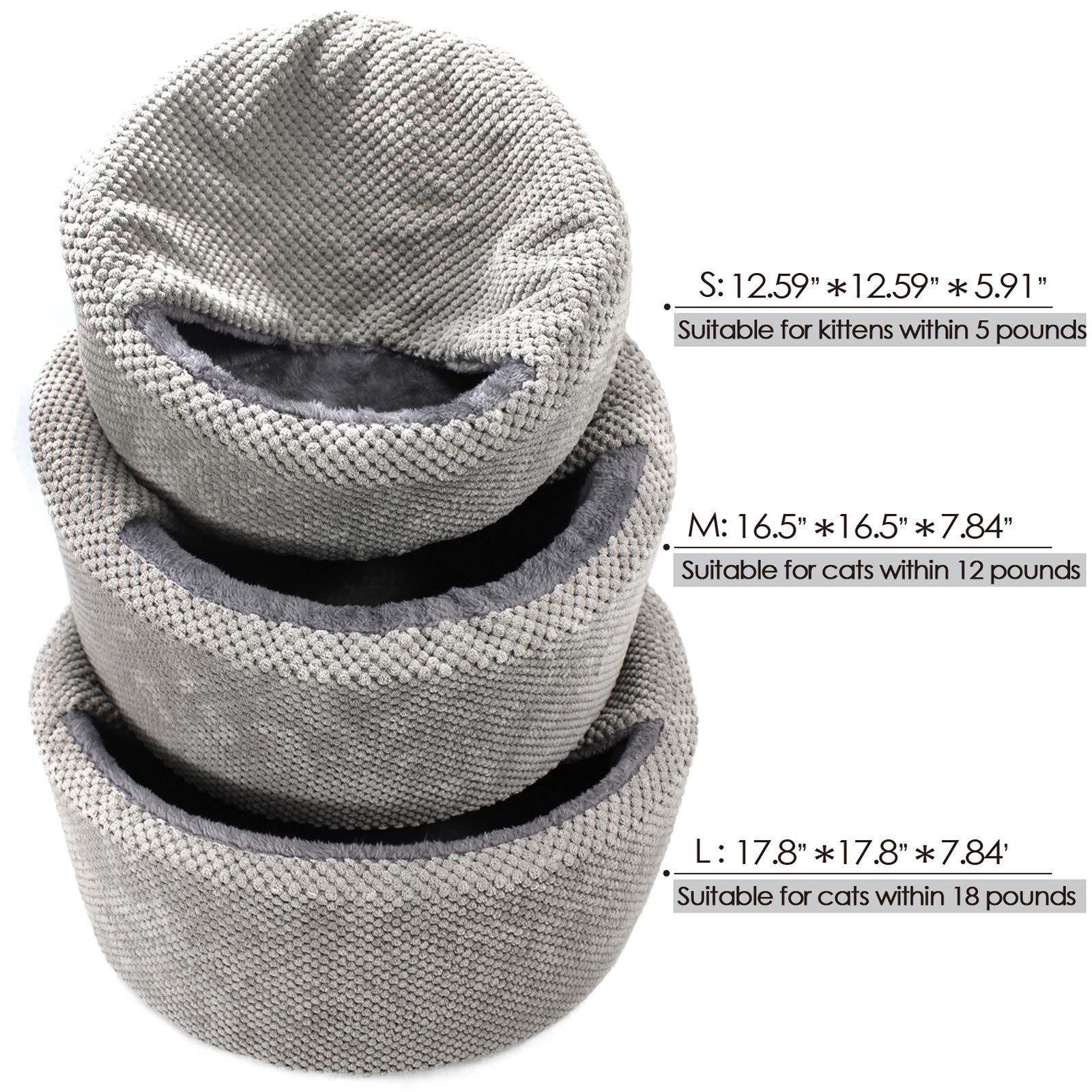 Winsterch Washable Warming Cat Bed House,Round Soft Cat Beds,Calming Pet Sofa Kitten Bed, Small Cat Pet Covered Cat Cave Beds (Gray)