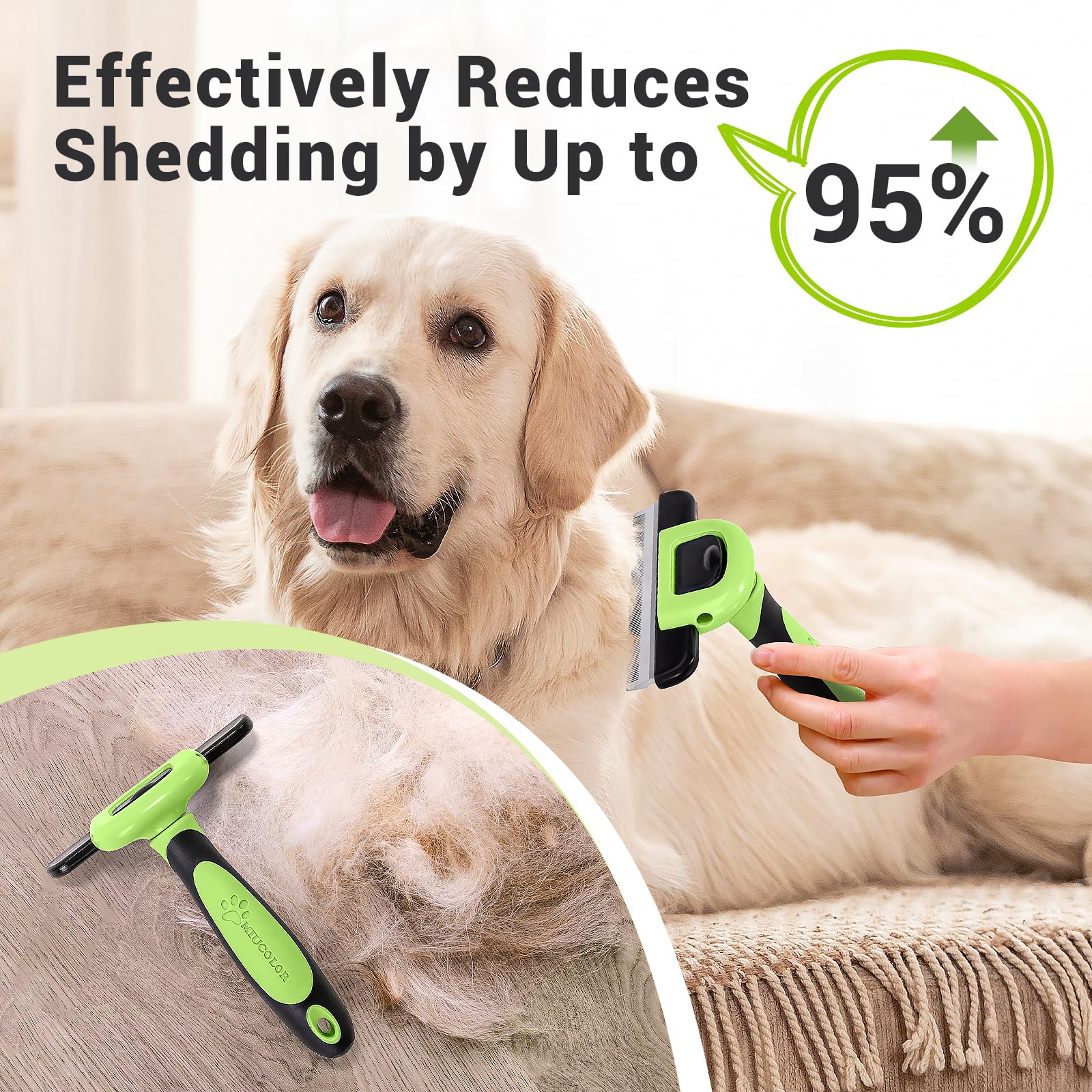 Miu Color Pet Grooming Brush, Deshedding Tool For Dogs & Cats, Effectively Reduces Shedding By Up To 95% For Short Medium And Long Pet Hair,Apple Green