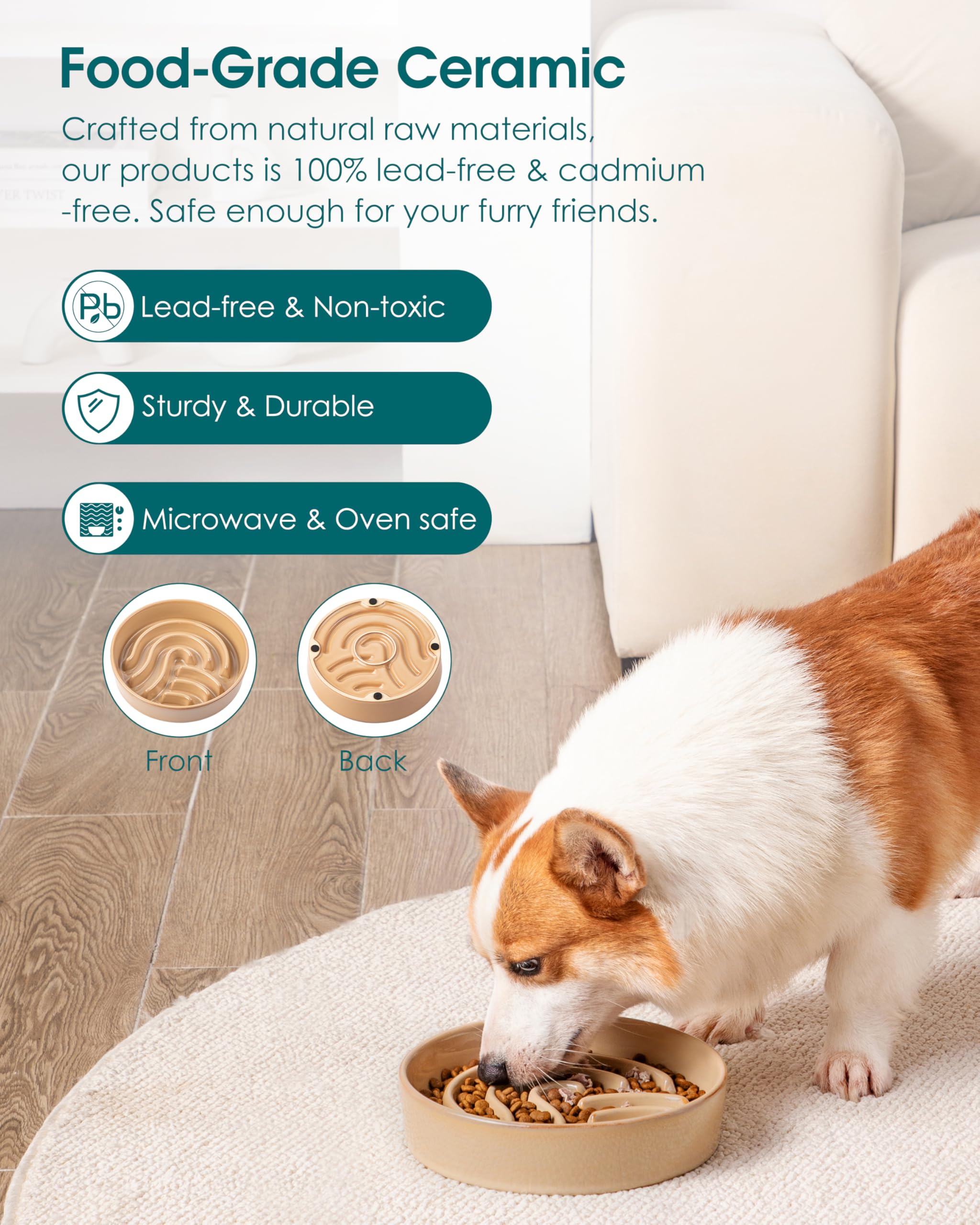 vancasso Ceramic Slow Feeder Dog Bowl, 1.5 Cups, Brown, Puzzle Design for Small/Medium Breeds, Model VC-MSGW-TW-GN-02