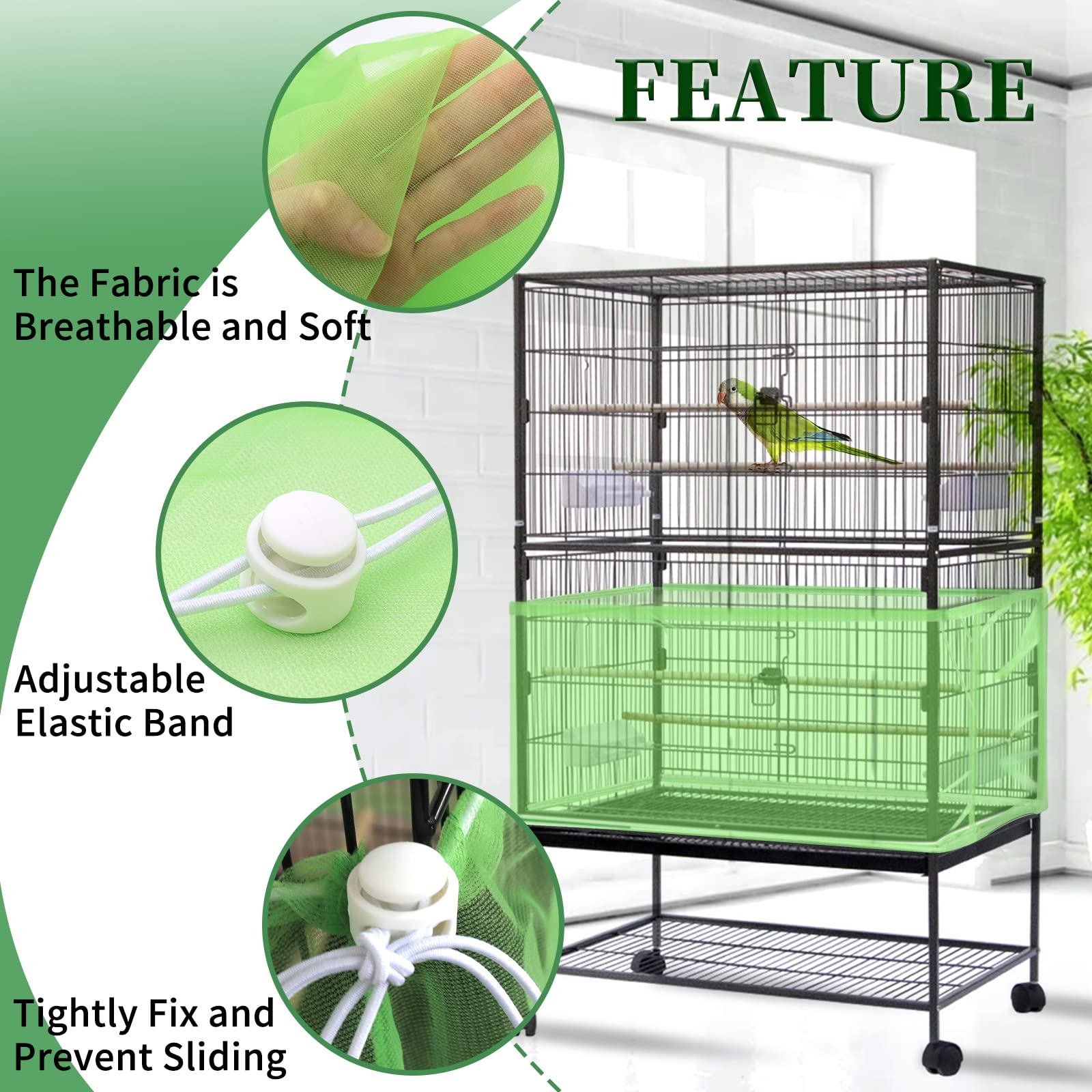 Daoeny 2Pcs Large Bird Cage Cover, Bird Cage Seed Catcher, Adjustable Soft Airy Nylon Mesh Net, Birdcage Cover Skirt Seed Guard For Parrot Parakeet Macaw African Round Square Cages (Blue + Green)