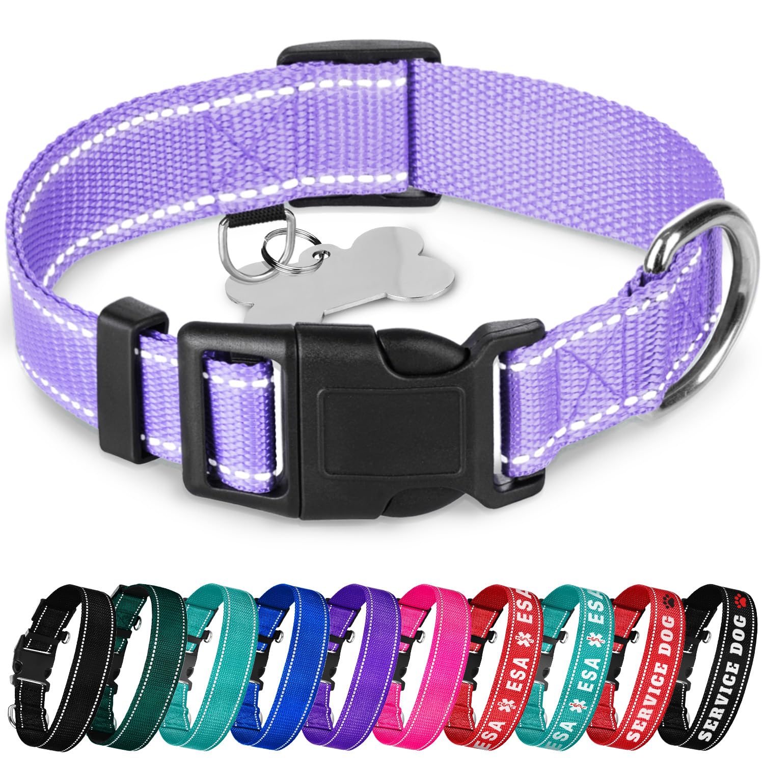 Teceum Reflective Dog Collar - Lavender - Xl - Basic Nylon Pet Collar - Quick Release Buckle - Fits Small, Medium And Large Dogs