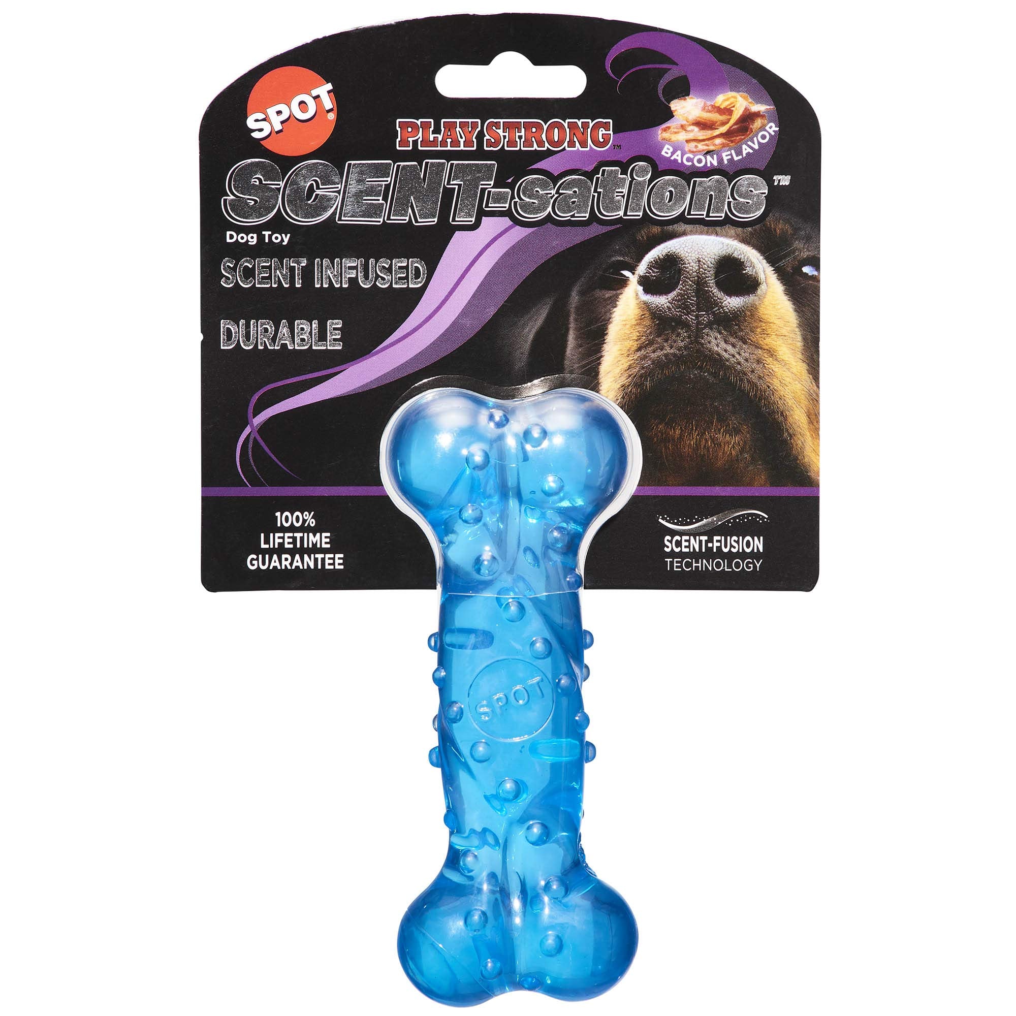 Spot Play Strong Scent-Sations Bone - Scent-Infused, Strong, Durable Tpr Rubber, Heavy Duty Dog Toys For Aggressive Chewers Up To 45Lbs, Perfect For Small & Medium Breeds, 5In, Bacon Flavored