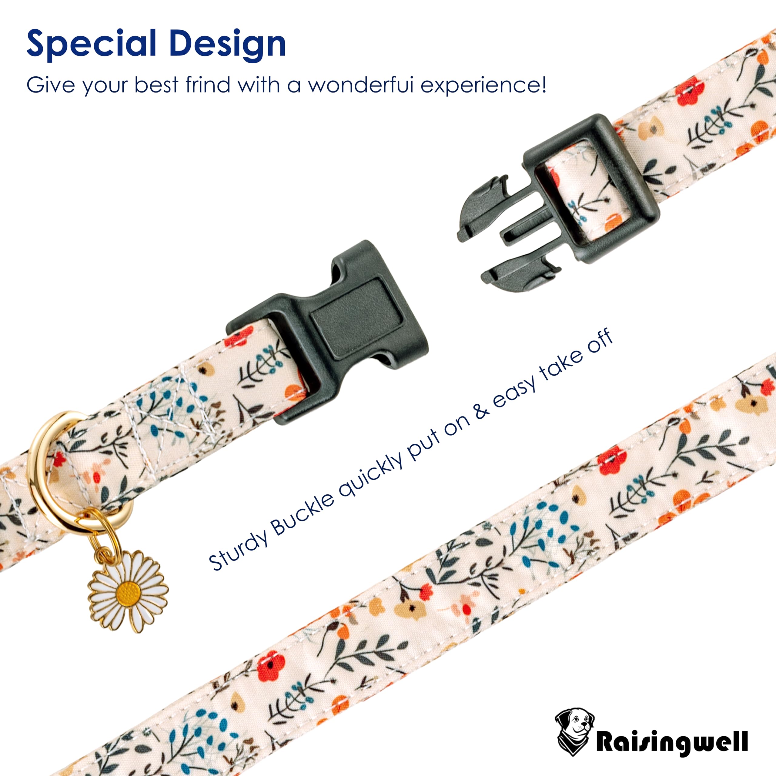 Raisingwell Cute Dogs Collar Beige Flower Patterns For Boys And Girls Holiday Dog Collars Summer Fall Gift Adjustable For Medium