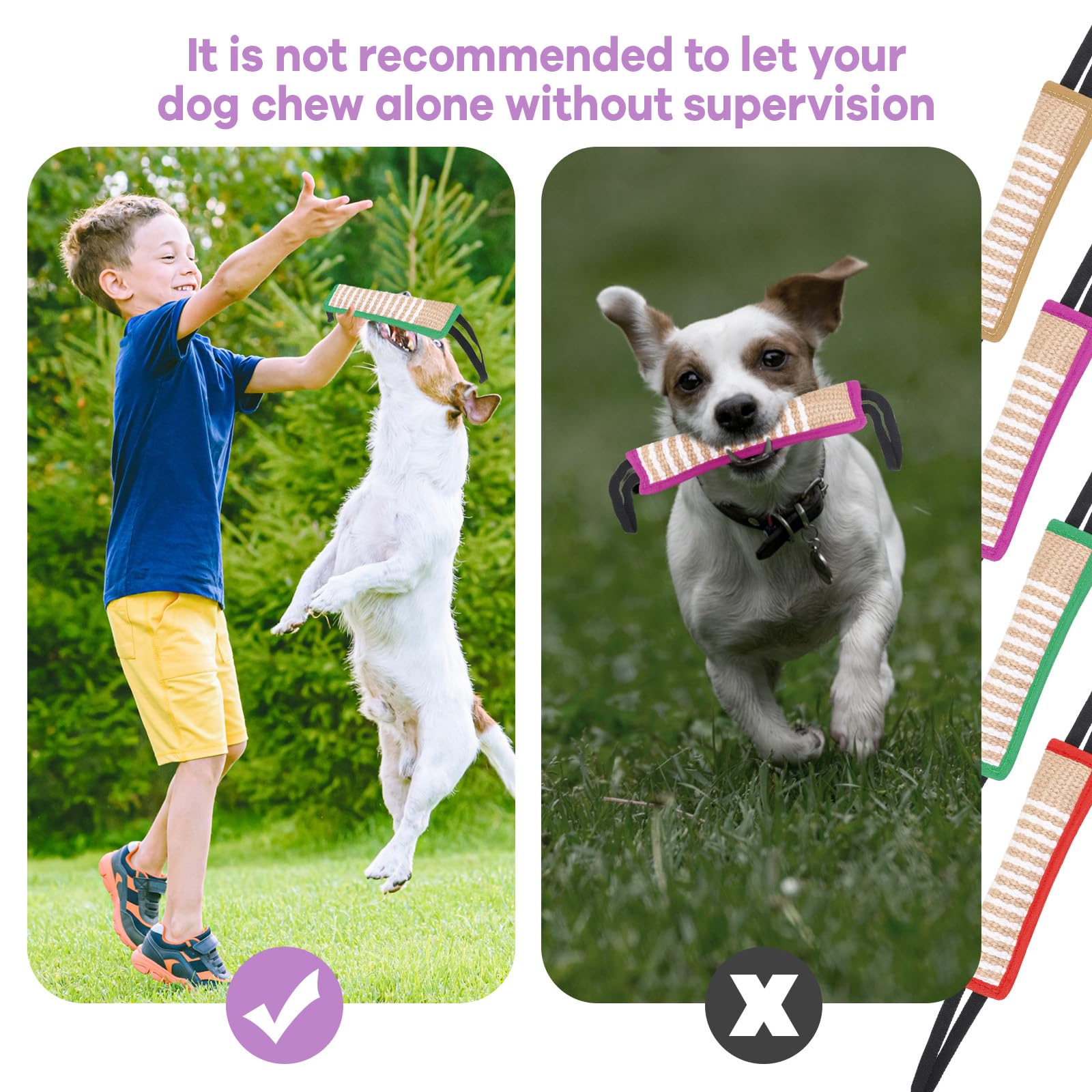 Kacctyen 4Pc Dog Toy - Jute Tug Rope With 2 Handles - Perfect For Small To Large Dogs - Interactive Training & Play - Purple, Gr