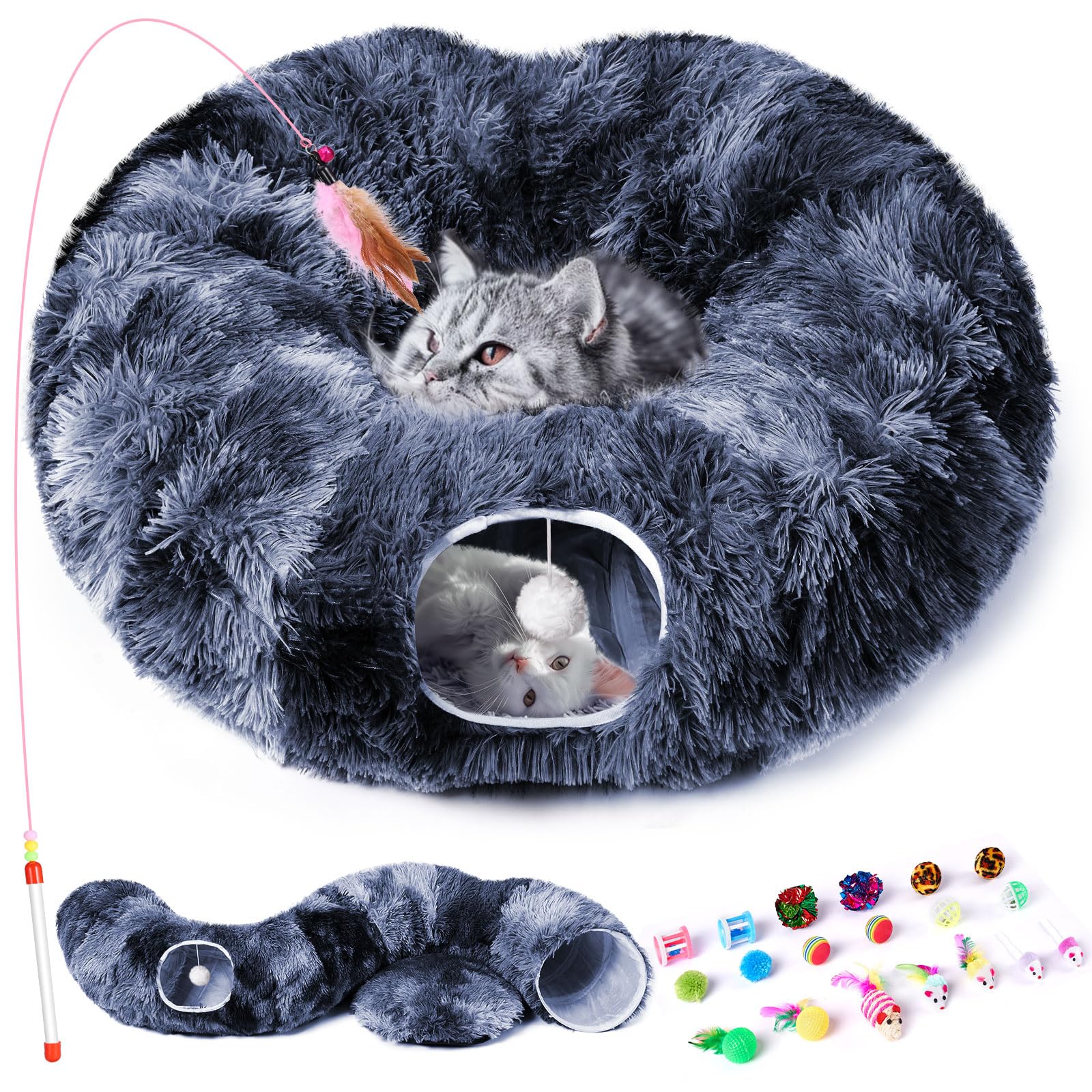 Odoland Cat Tunnels For Indoor Cats With Fluffy Plush Central Cat Couch And 20 Cat Toys, Tunnel Bed For Cats With Hanging Ball, 